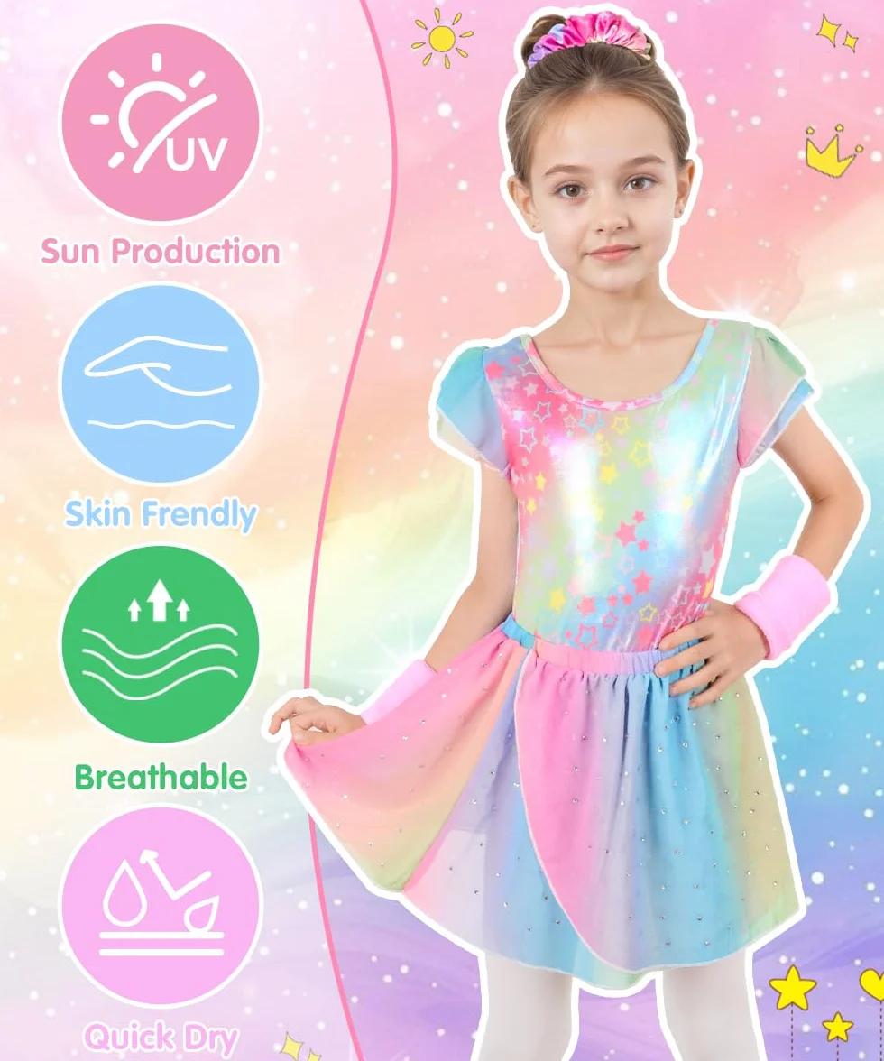 Maillot Gimnasia Rítmica Niña Conjunto 5 Piezas Sin Mangas Falda Cinta Cabello Muñequeras Ballet 4-9 Años