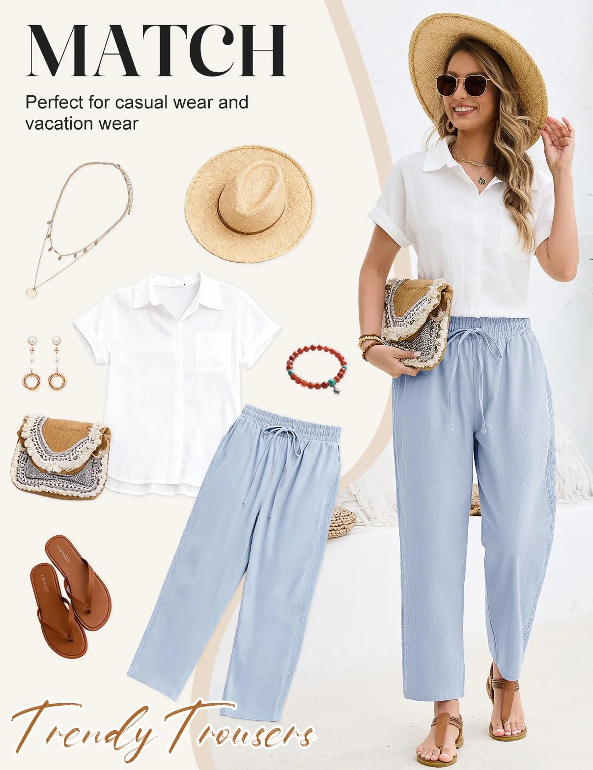 Pantalones Mujer Verano 7/8 Algodón Cintura Alta Casual con Bolsillos
