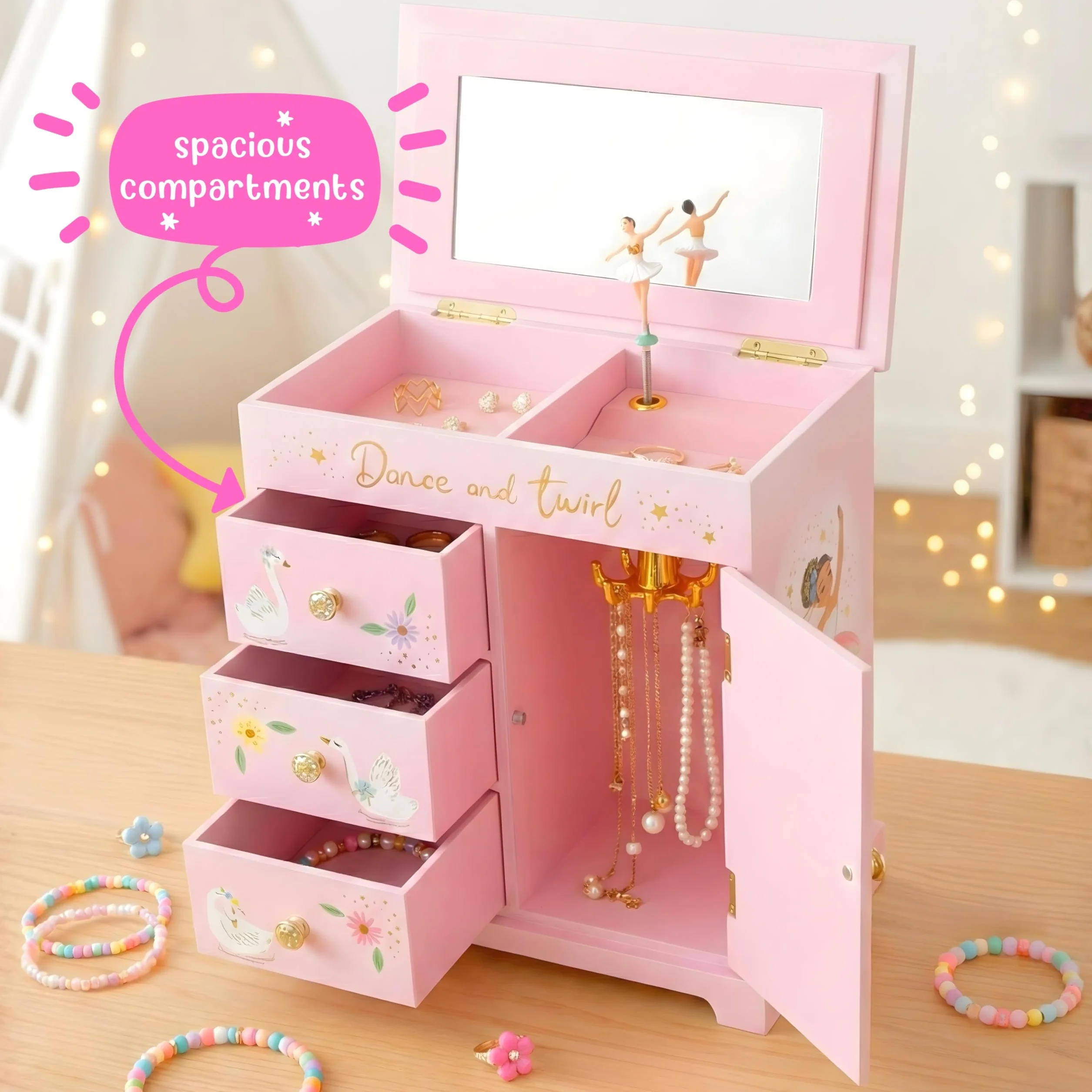 Giggle & Honey Caja de Música Grande con Bailarina y Tres Cajones para Niñas - Joyero Musical con Espejo, Regalo Cumpleaños 3-10