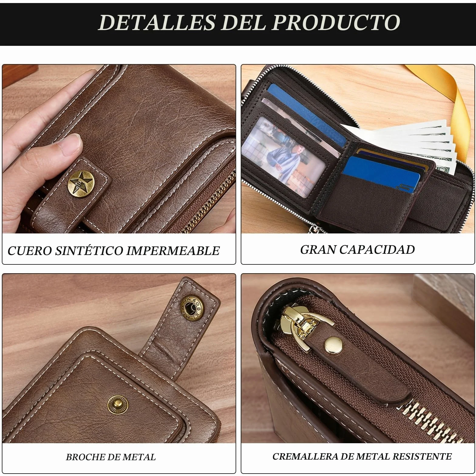 FuninCrea Cartera Hombre Cremallera Hebilla Múltiples Compartimentos Monedero Pequeña Ventanillas Identificación Tarjetas