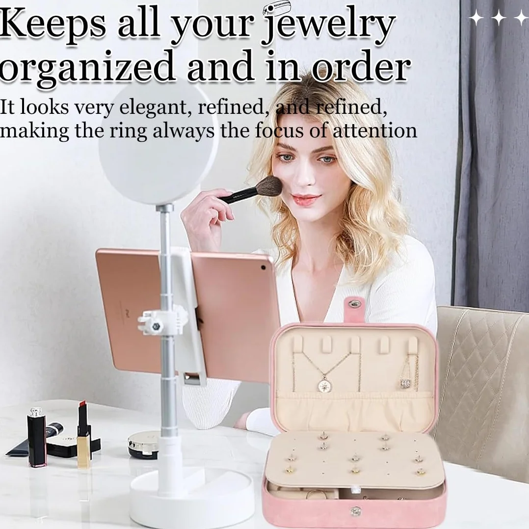 Joyero Pequeño Portátil para Mujer, Caja de Joyas para Anillos, Pendientes, Collares, Pulseras - Rosa