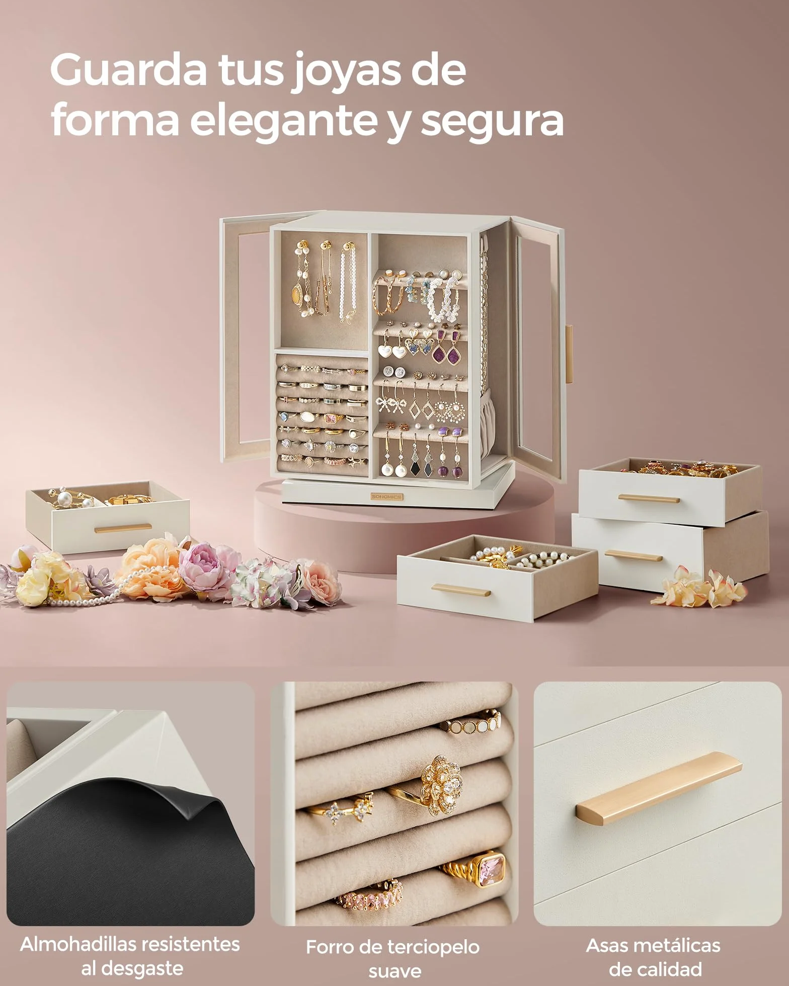 SONGMICS GISELLA Caja Joyero Giratorio 360° 5 Cajones Ventanas de Cristal Blanco Nube JBC170W01