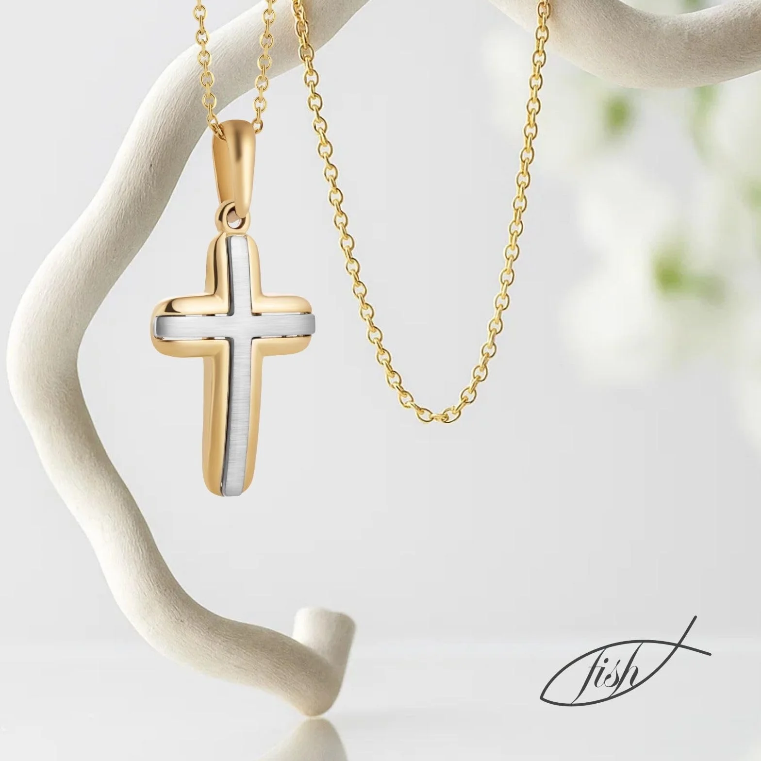 Collar Con Colgante De Cruz En 333 Oro Bicolor Para Niños