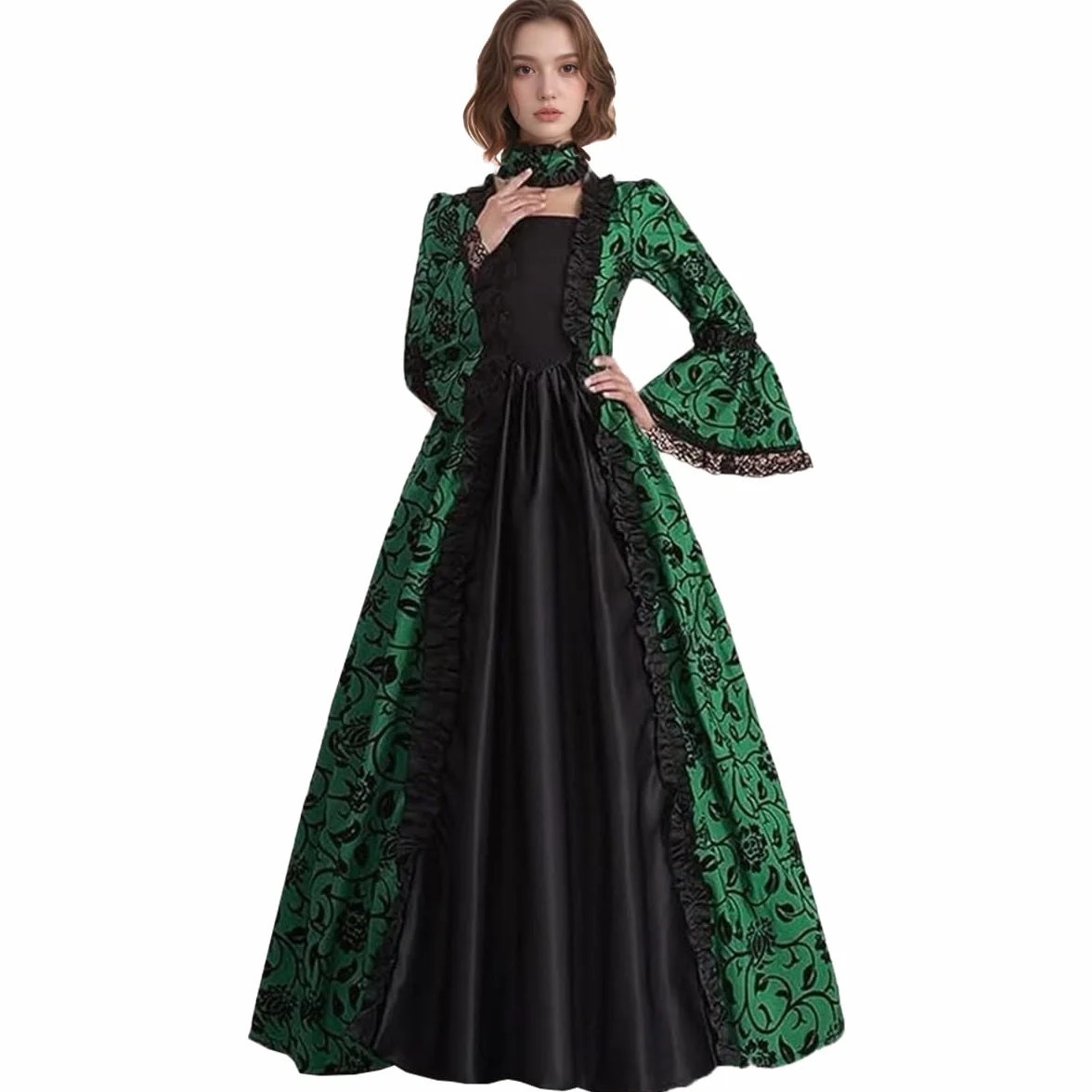 CAMDOM Vestido de Fiesta Victoriano Mujer Retro Medieval Palacio Largo Cuello Cuadrado Satén Elegante Mangas Acampanadas Disfraz Vintage Cosplay