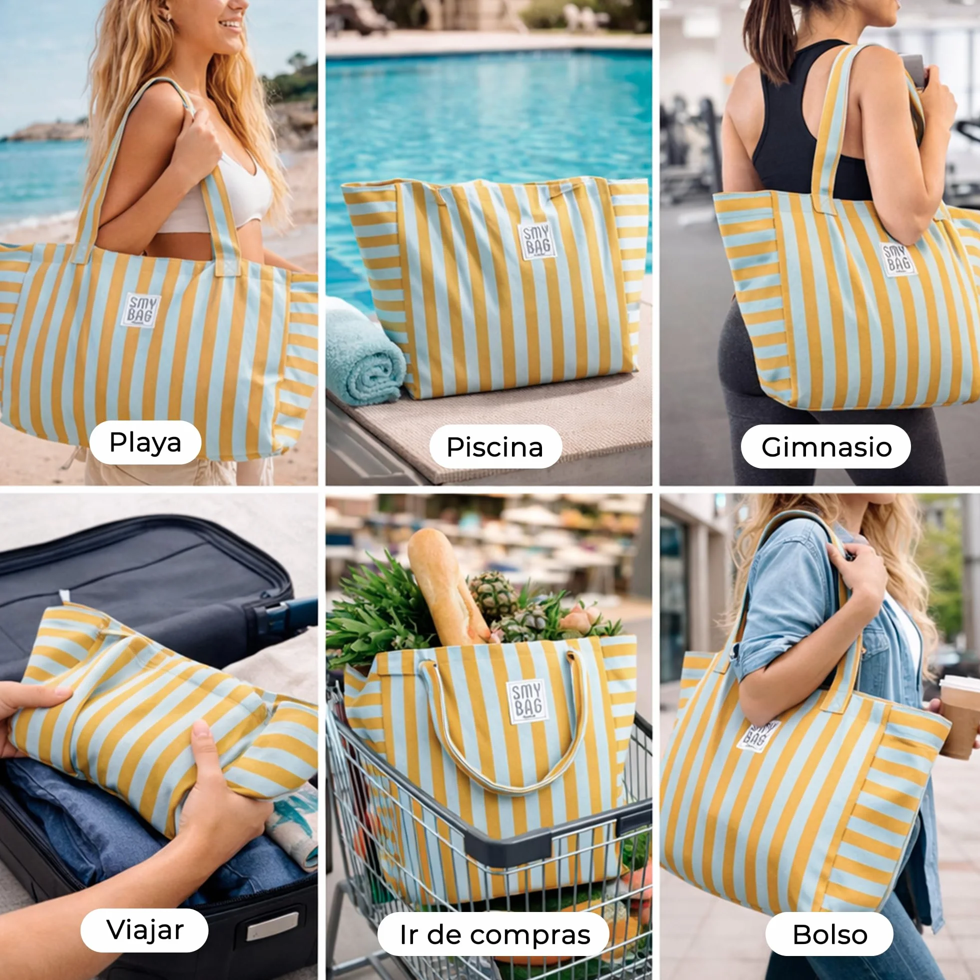 Bolsa de Playa Mujer Menorca Grande - Bolso Playa a Rayas con Cremallera - Shopper Verano Amplio y Resistente - 64x35x23,5 cm