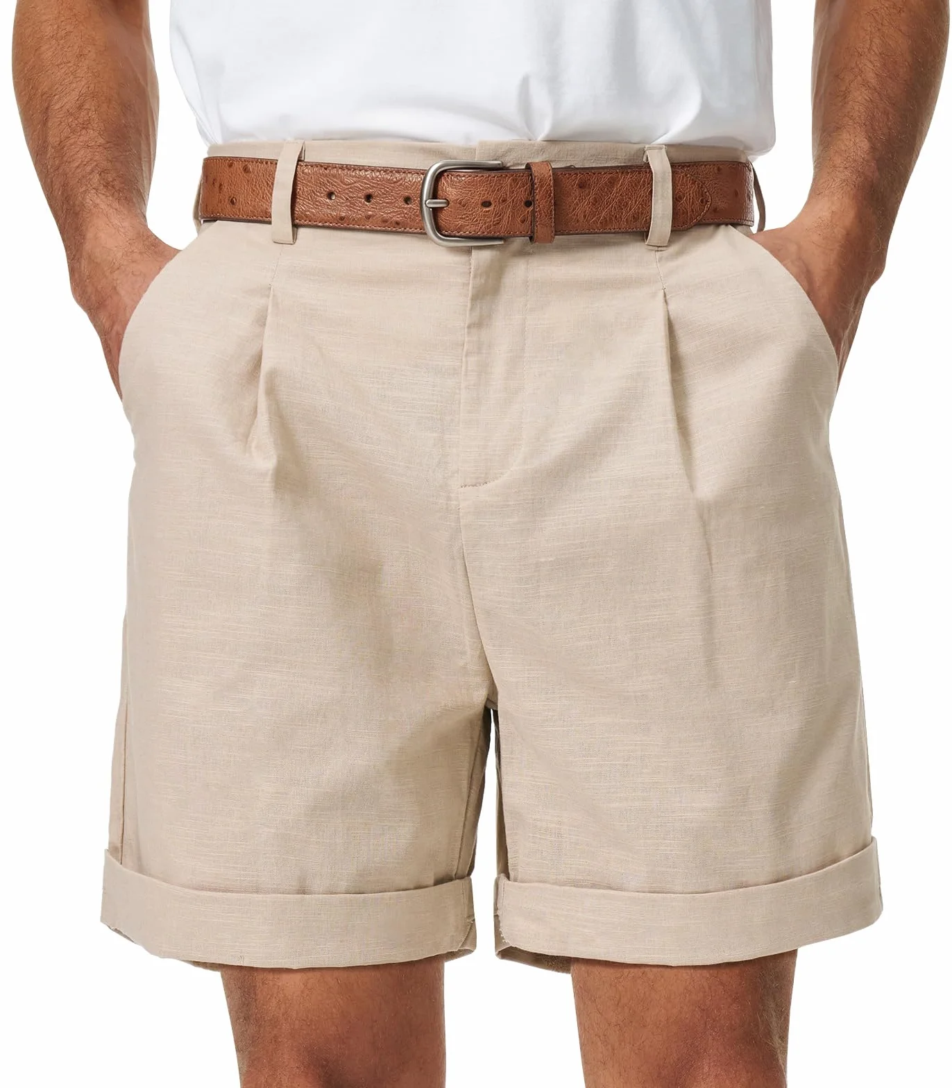 Pantalones Cortos de Algodón y Lino Bermudas Hombre Verano Chinos Clásico con Bolsillo