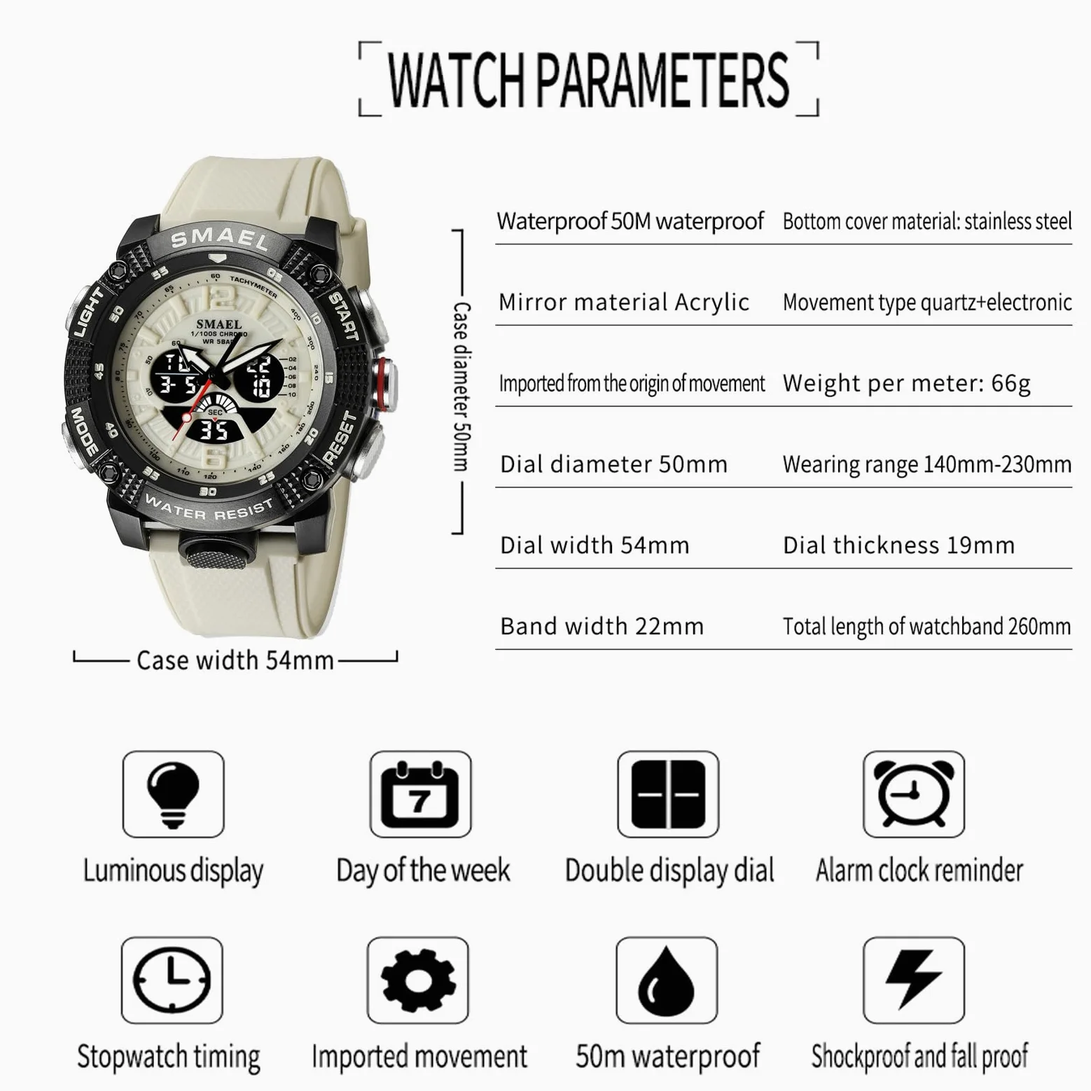 MASTOP Relojes de esfera grande para hombre, 5 ATM, para deportes al aire libre, militar, digital, transparente, multifunción, resistente al agua, con alarma, cronómetro, LED, resistente, para