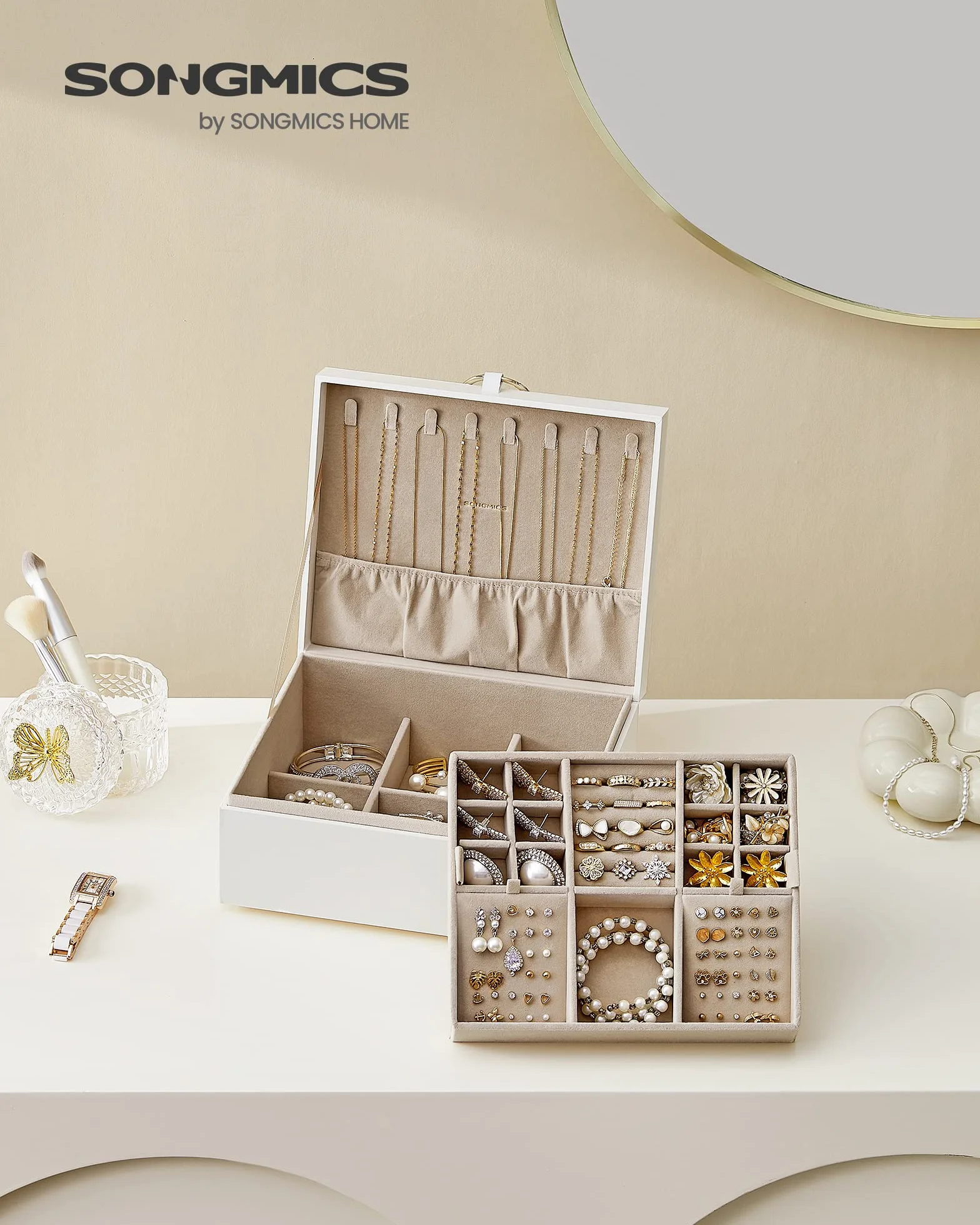 SONGMICS Joyero 2 Capas, Bandeja Flexible para Joyas, Efecto Flotante, 20,5 x 24 x 11 cm, Blanco