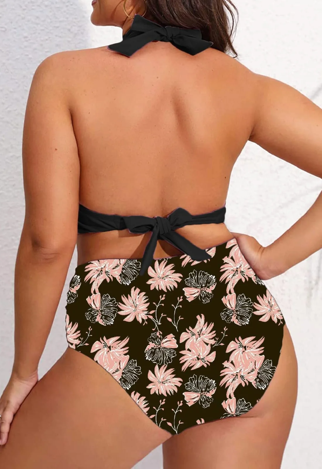Mujer Bikini Dos Piezas Cintura Alta Fruncido Traje de Baño Cuello en V Control de Vientre Tallas Grandes