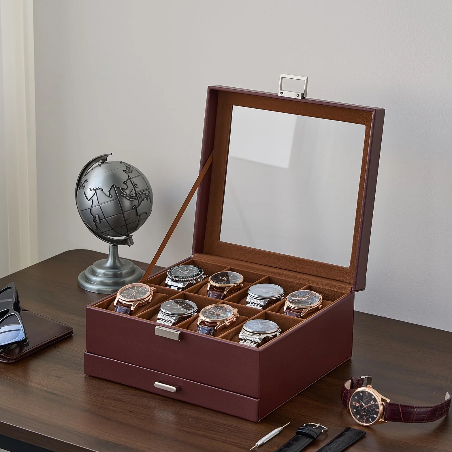 ProCase Estuche para Relojes de Doble Nivel con Tapa de Cristal, Organizador para Relojes, Anillos y Pulseras, Marrón