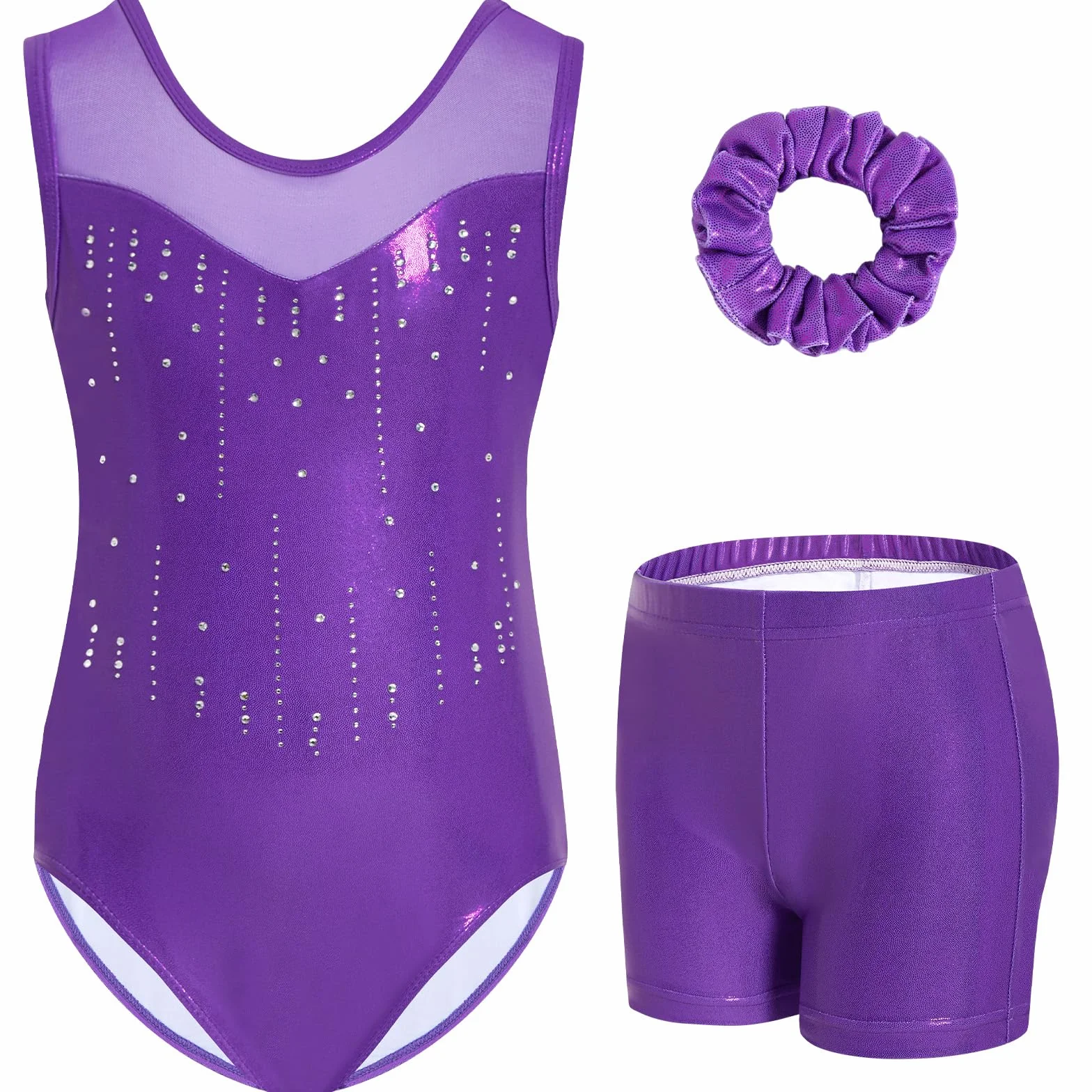 Gogokids Conjunto de gimnasia para niña sin mangas 3 piezas con pantalones cortos y cinta para el pelo cuello de malla insertado 3-12 años