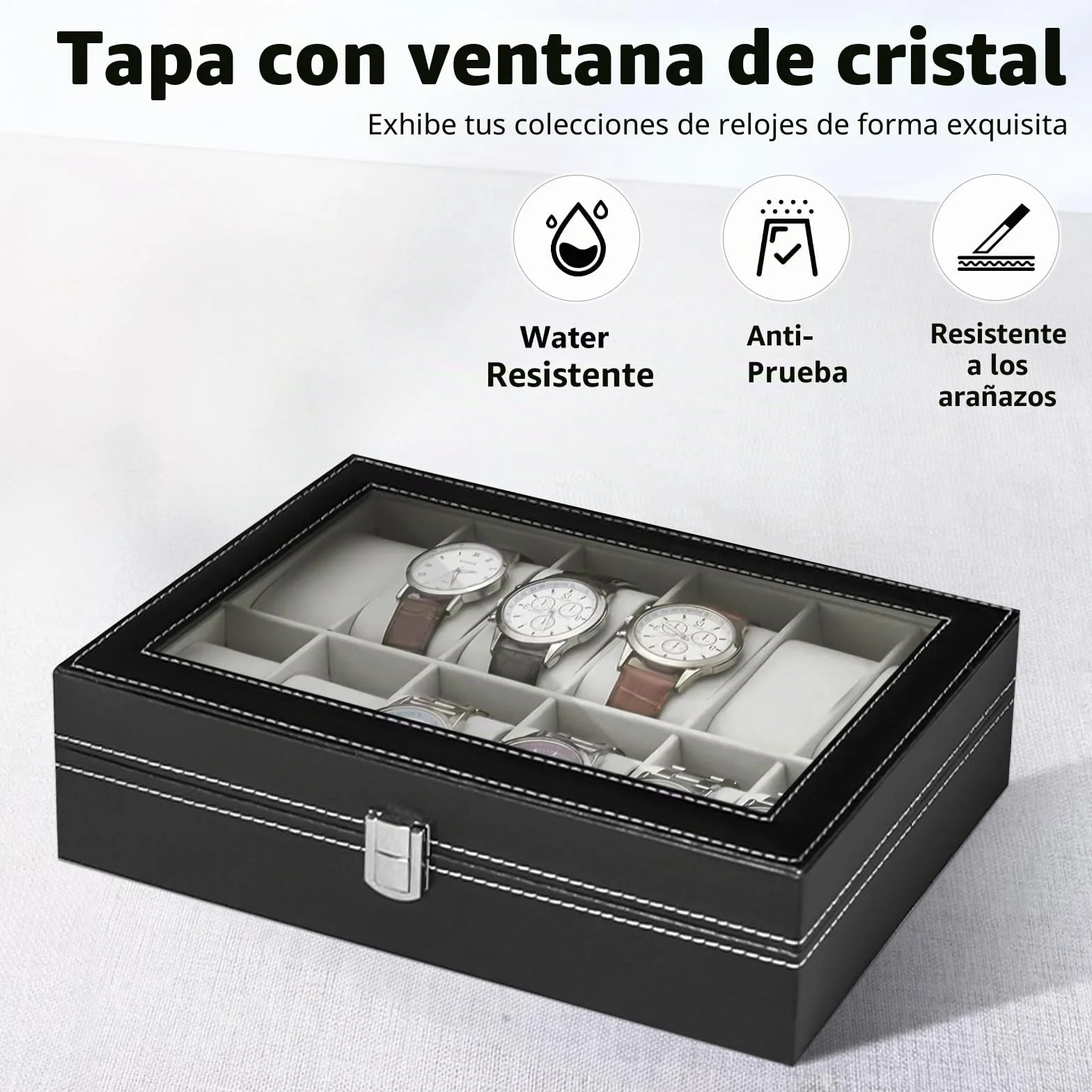 Caja para Relojes con 12 Compartimentos, Cristal y Cojín Extraíble