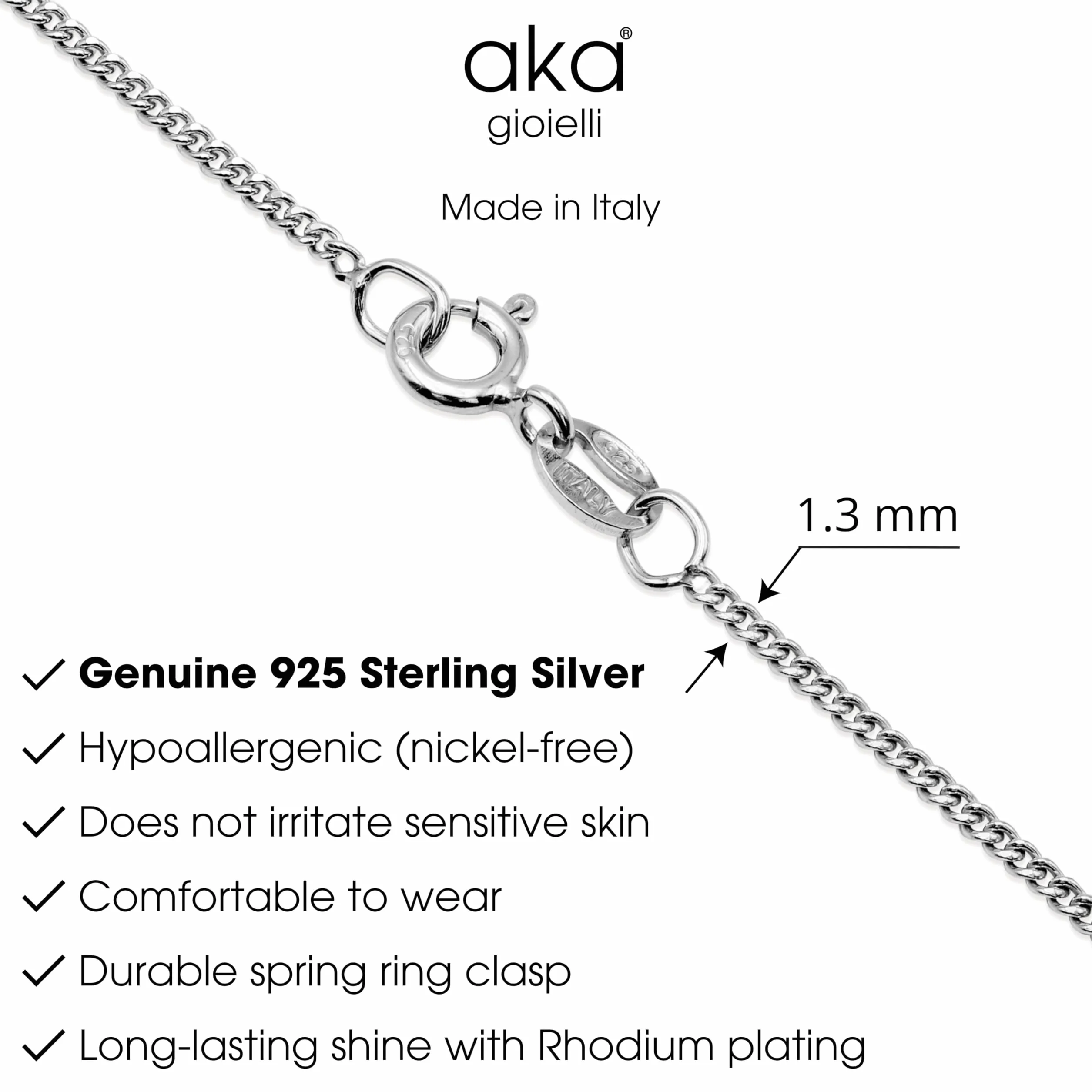 Aka Gioielli Cadena Barbada Plata de Ley 925 Rodiada Collar Mujer Hombre 1.3 mm 80 cm