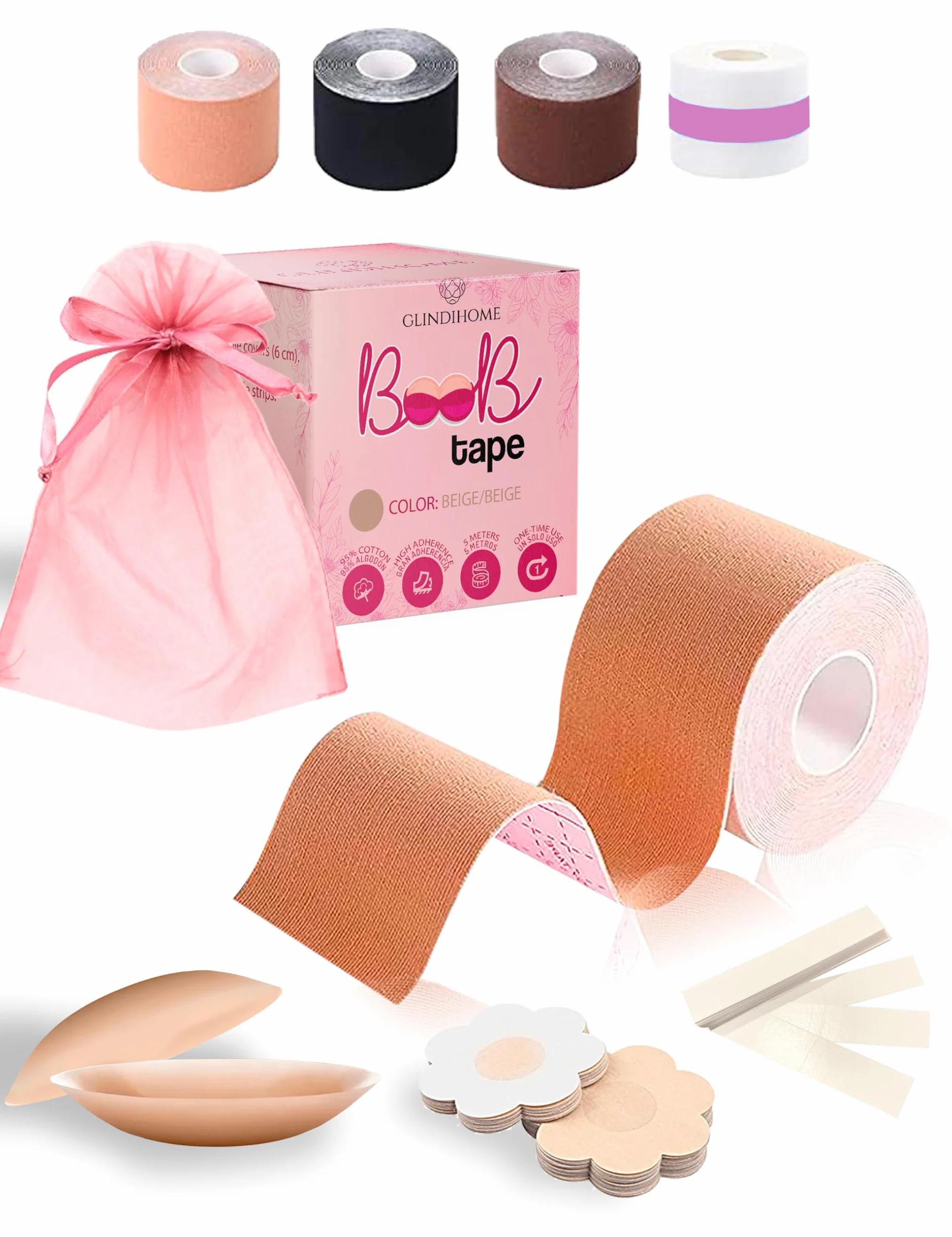 Cinta Adhesiva Pecho 5m. Incluye: 1 Rollo Boob Tape +2 Pezoneras Adhesivas Invisibles Reutilizables +36 Tiras Doble Cara Ropa +10 Pezoneras Tela +Bolsa. Sujetador Invisible.