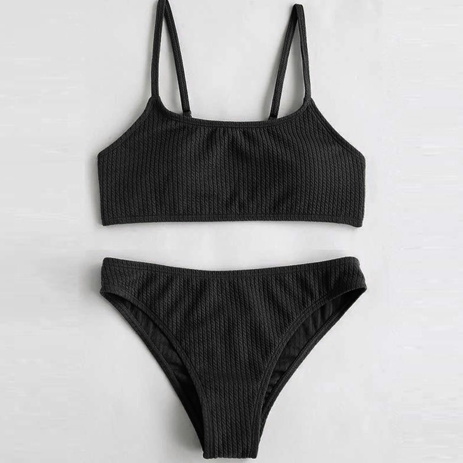 Bikini con lunares de dos piezas para niñas, cintura alta, traje de baño, negro