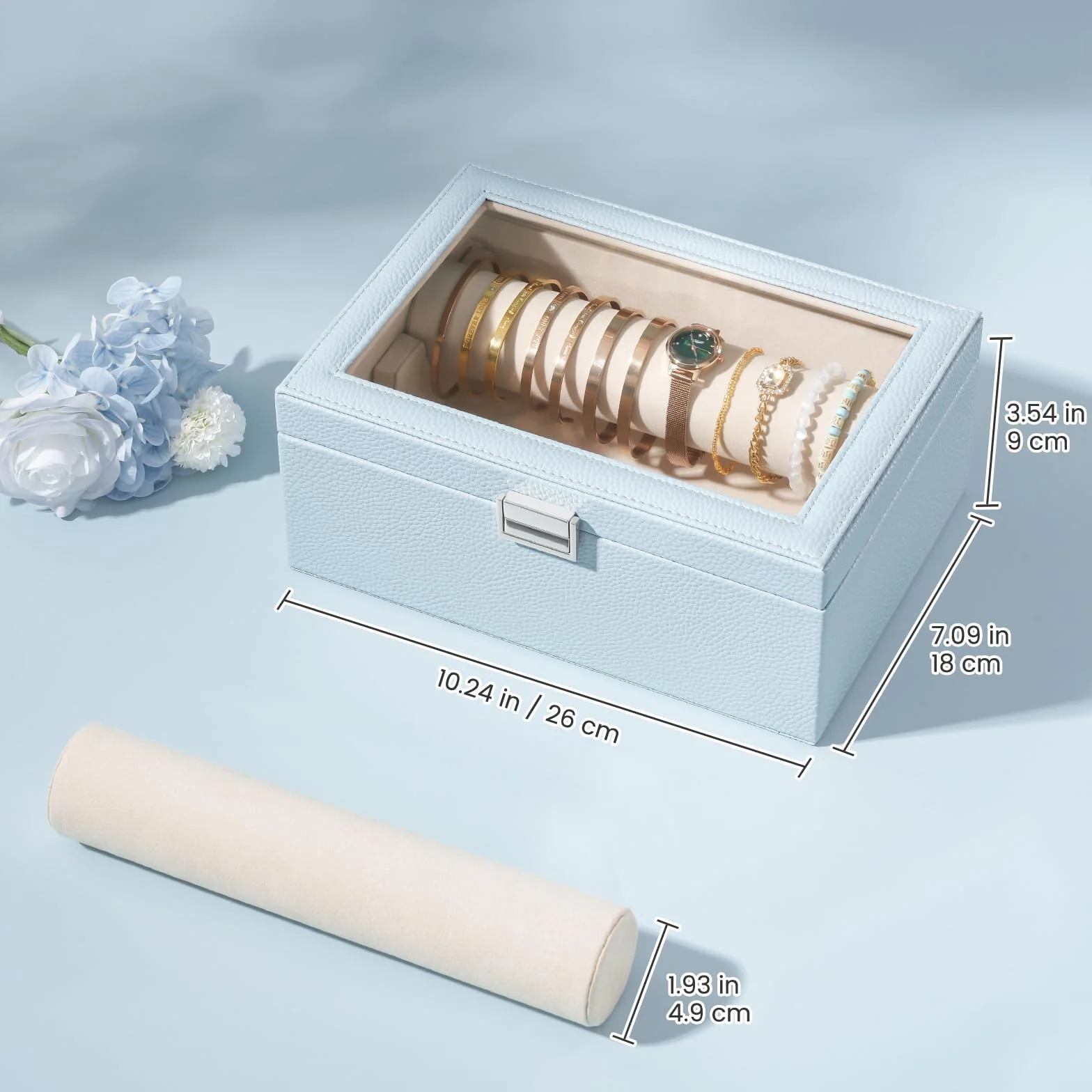 Lolalet Organizador de Joyería para Pulseras y Relojes con Barra, Caja de Almacenaje Transparente - Azul