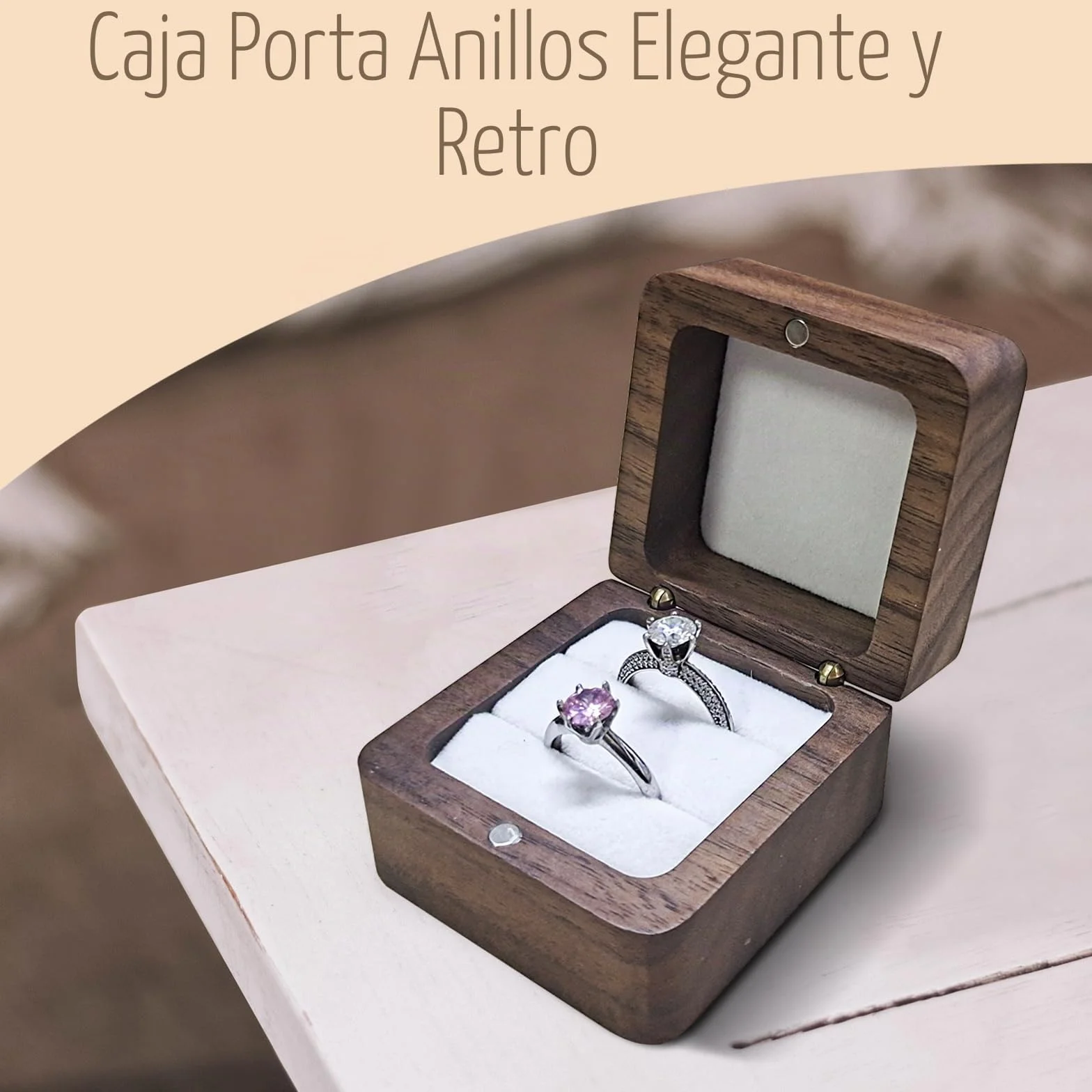 Caja Anillo de Madera Doble Ranura, Joyero Pequeño Cuadrada, Organizador Anillos de Boda (Blanco)