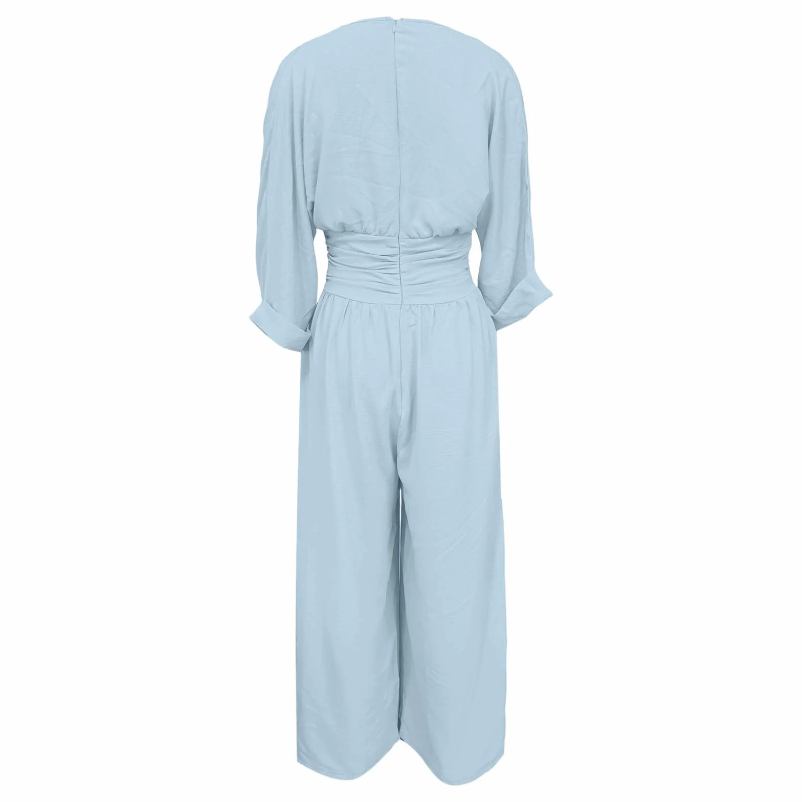 Palazzo Spodnie Damskie Długie Szerokie Nogawki V-Neck 3/4 Rękaw Wcięta Talia Kieszenie Lato Eleganckie