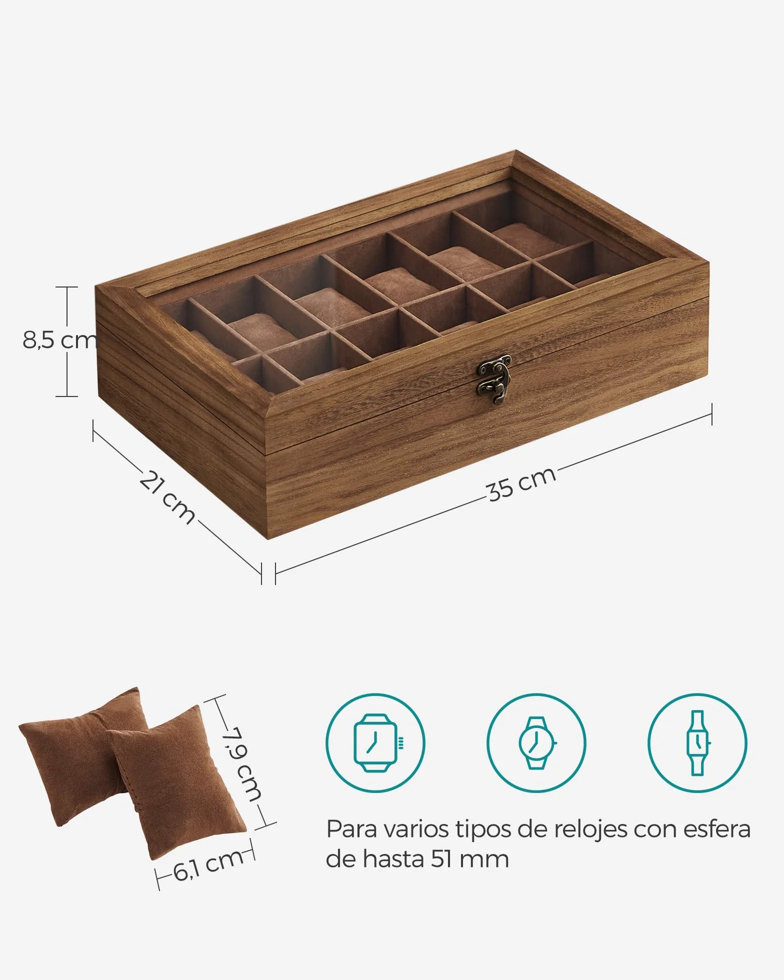 SONGMICS Caja para Relojes 12 Compartimentos Madera Maciza Tapa Cristal Nogal Rústico JOW120K01