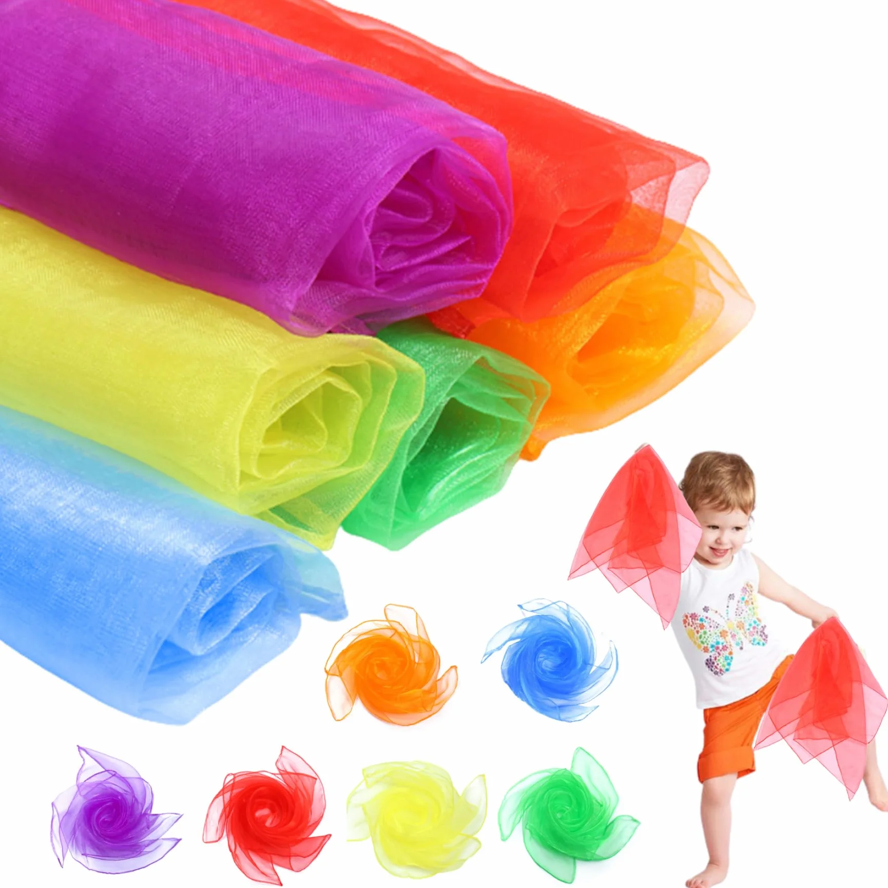 Pañuelos de seda coloridos suaves lavables juguete sensorial cuadrado para niños bufanda