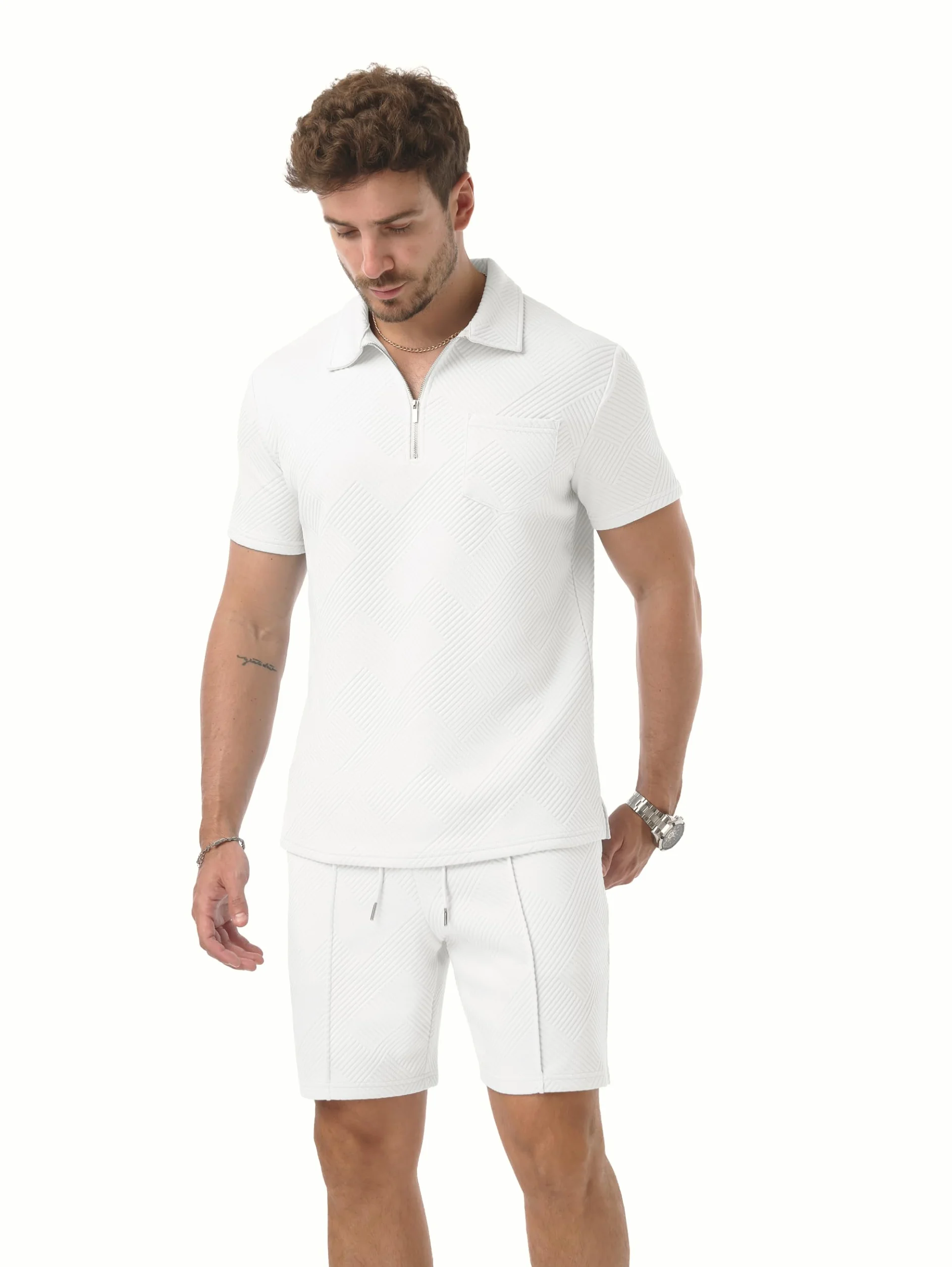 QIXING Chándal para hombre 2 piezas: pantalones cortos y camiseta media cremallera, conjunto polo manga corta