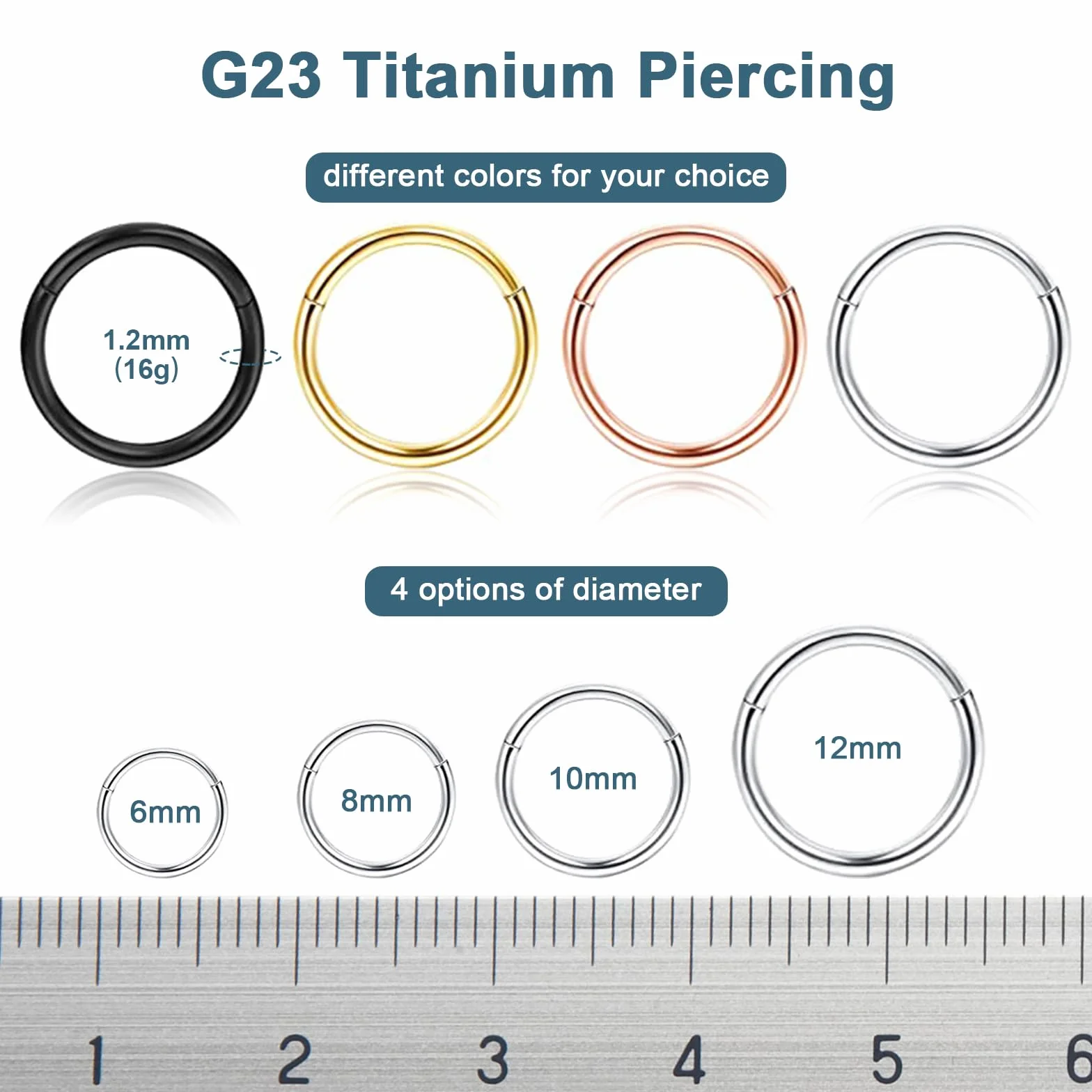 G23 Titanio Hipoalergénico Anillo de la Nariz Septum Helix Cartílago 14G 16G 6MM 8MM 10MM 12MM