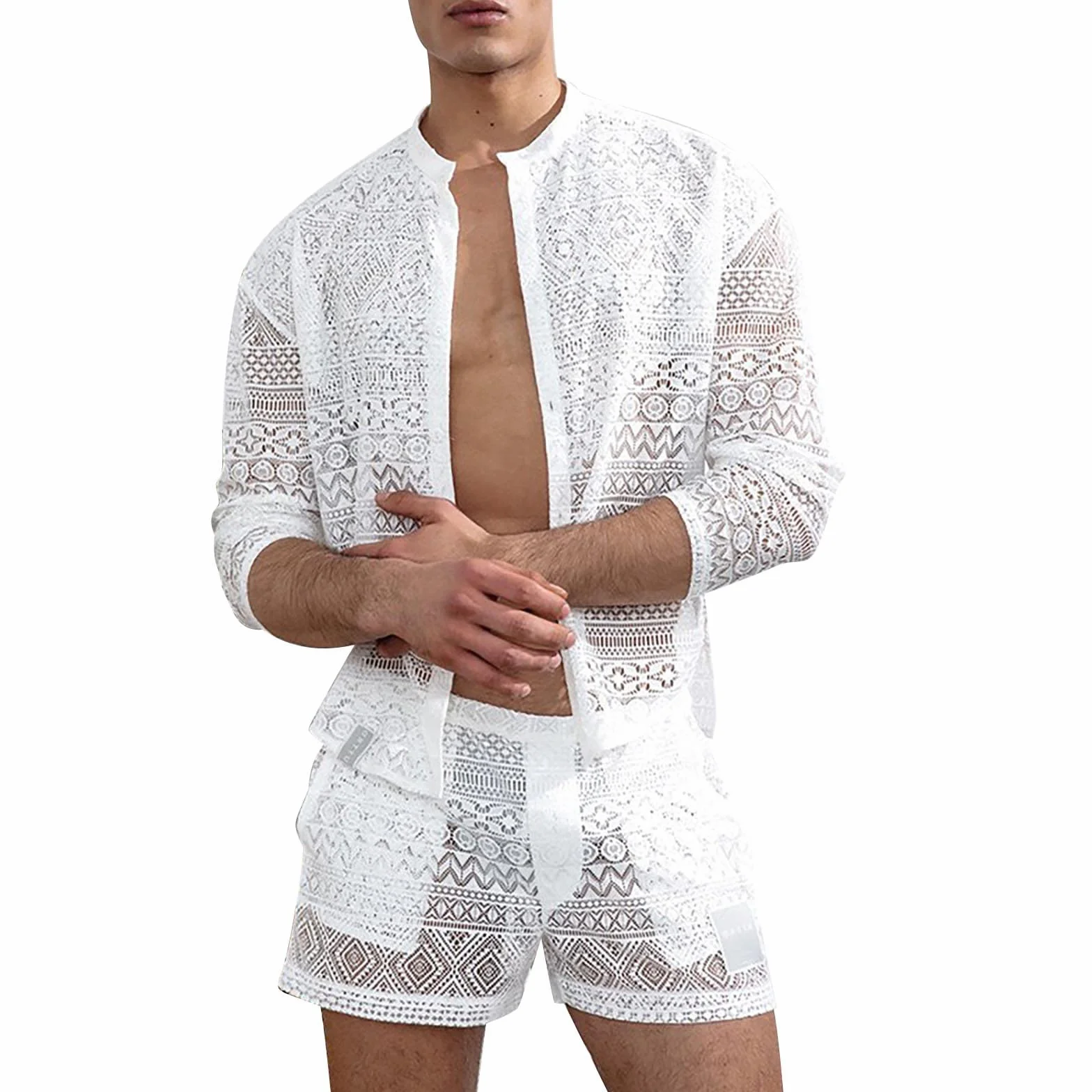 Camiseta muscular de malla transparente para hombre, 2 piezas con pantalones cortos