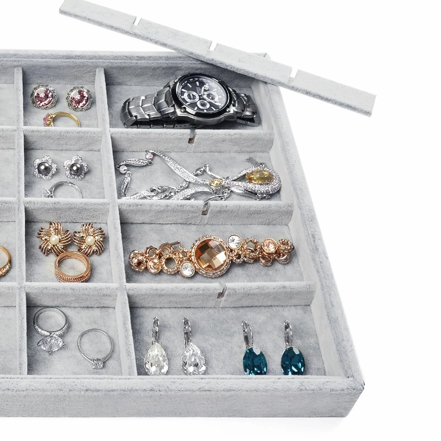 bandeja de terciopelo apilable para joyas, cajón para guardar joyas bandeja organizadora 24 compartimentos expositor de joyas para pendientes anillo (Gris)