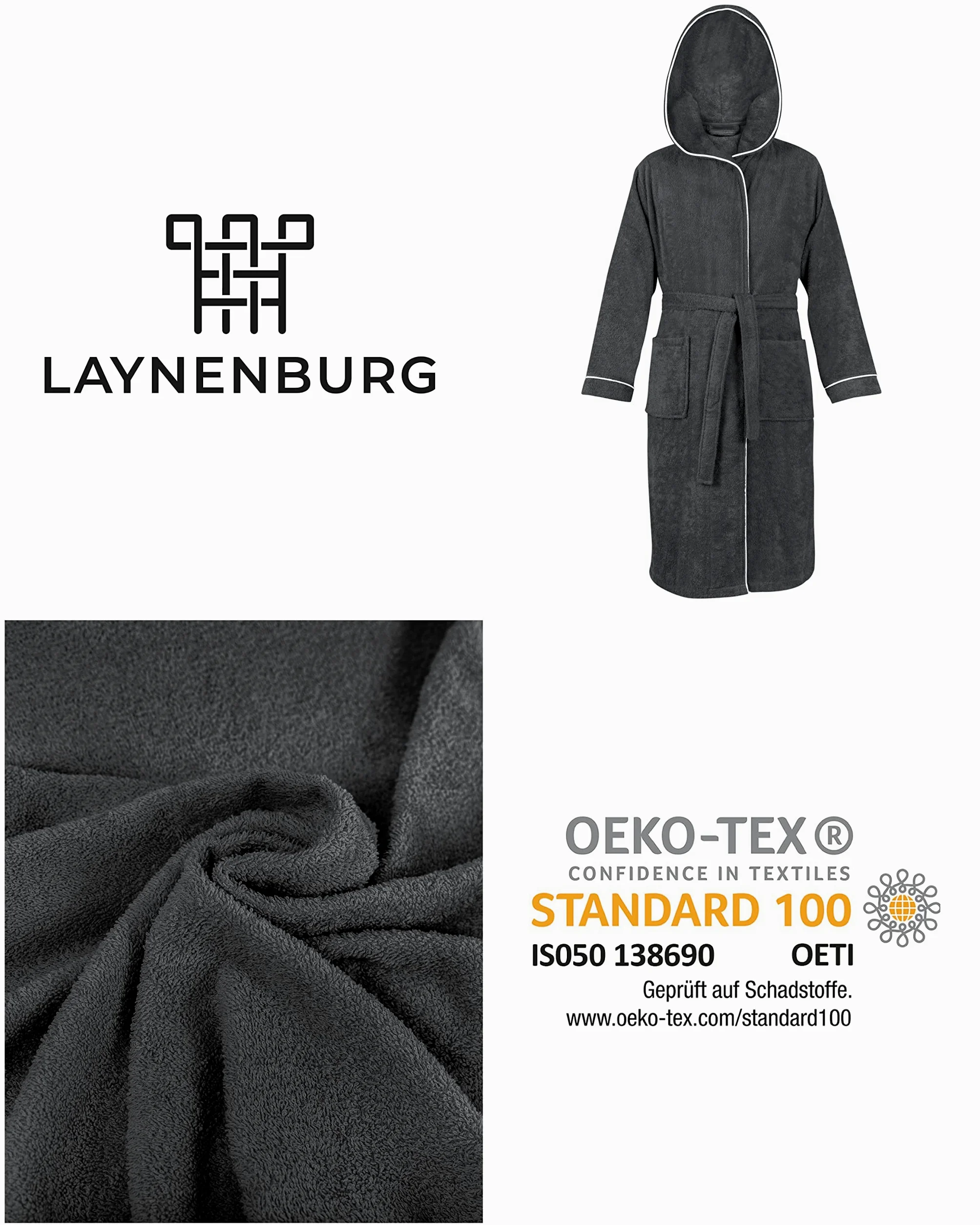 LAYNENBURG Albornoz de Hombre - Capucha - largo - 100% Algodón (360g/m2) - OEKO TEX Standard 100 - Talla (M, Antracita)