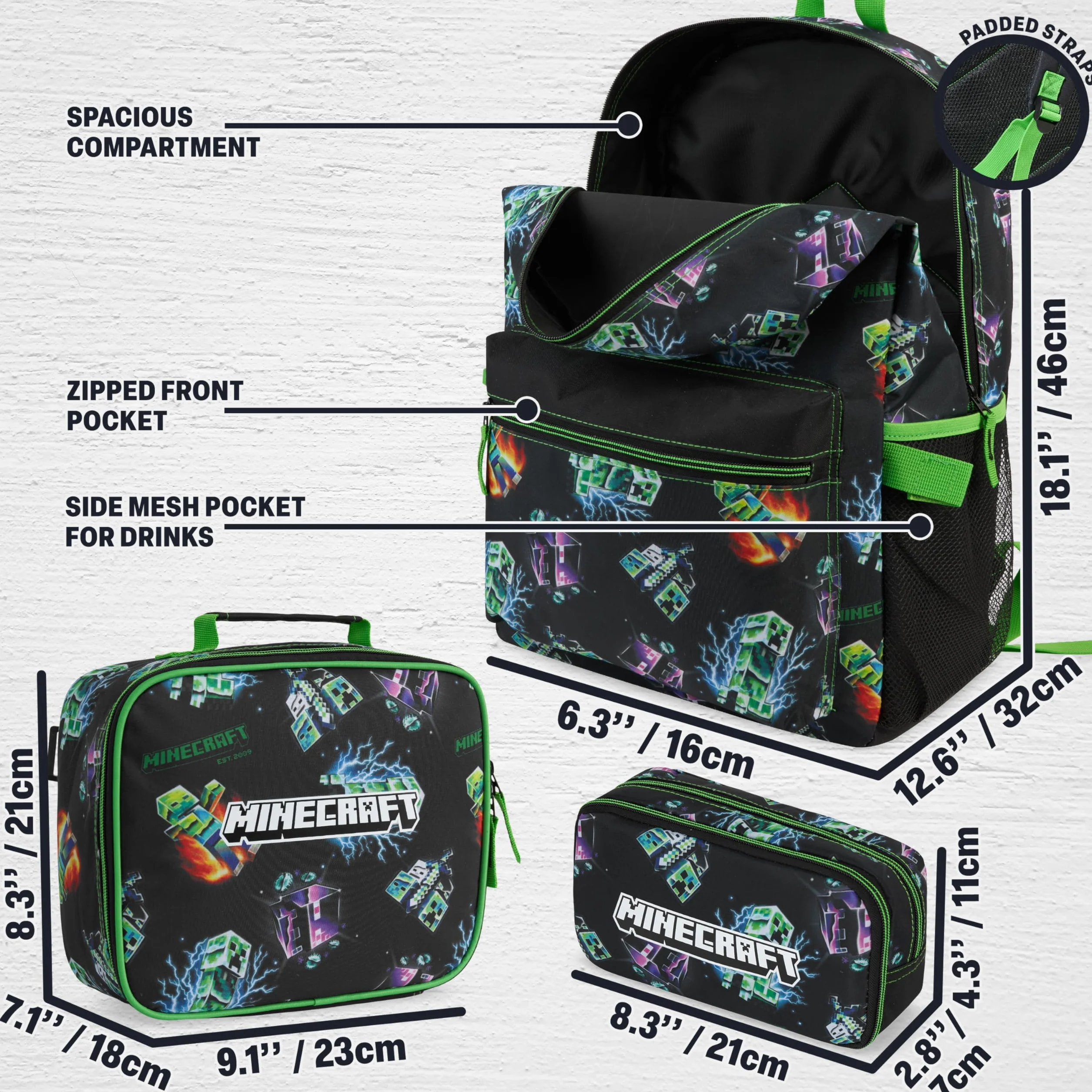 Minecraft Mochila Niños Set 3 Piezas Estuche Escolar Bolsa Almuerzo Mochila Completa Colegio Ocio Regalo Niños Multi Creeper