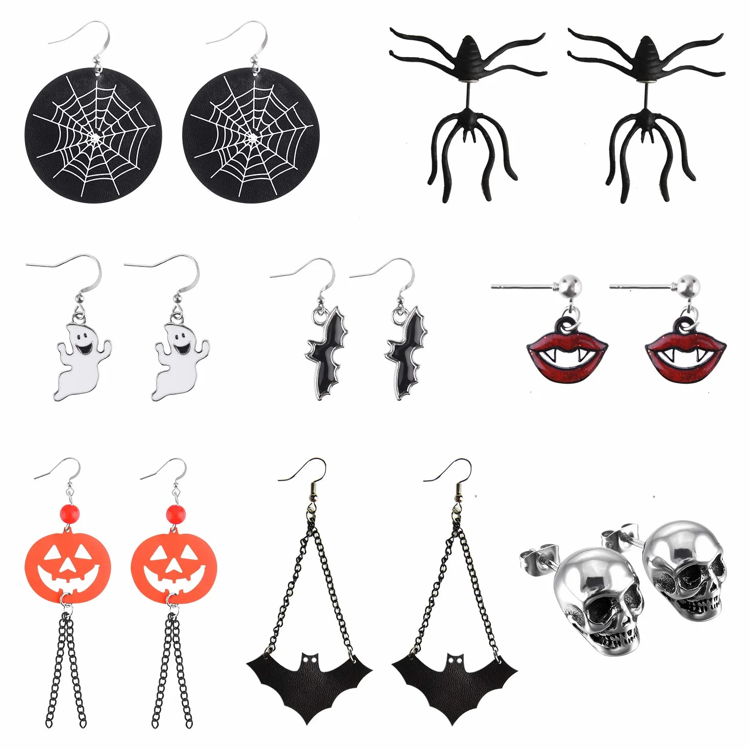 Pendientes Halloween FEPITO 8 pares Conjunto Murciélago Calabaza Araña Fantasma Esqueleto Metal