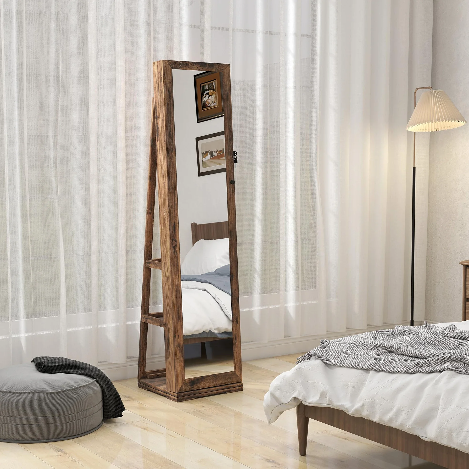 HOMCOM Espejo Joyero de Pie Giratorio 360° con Cerradura, Marrón Rústico