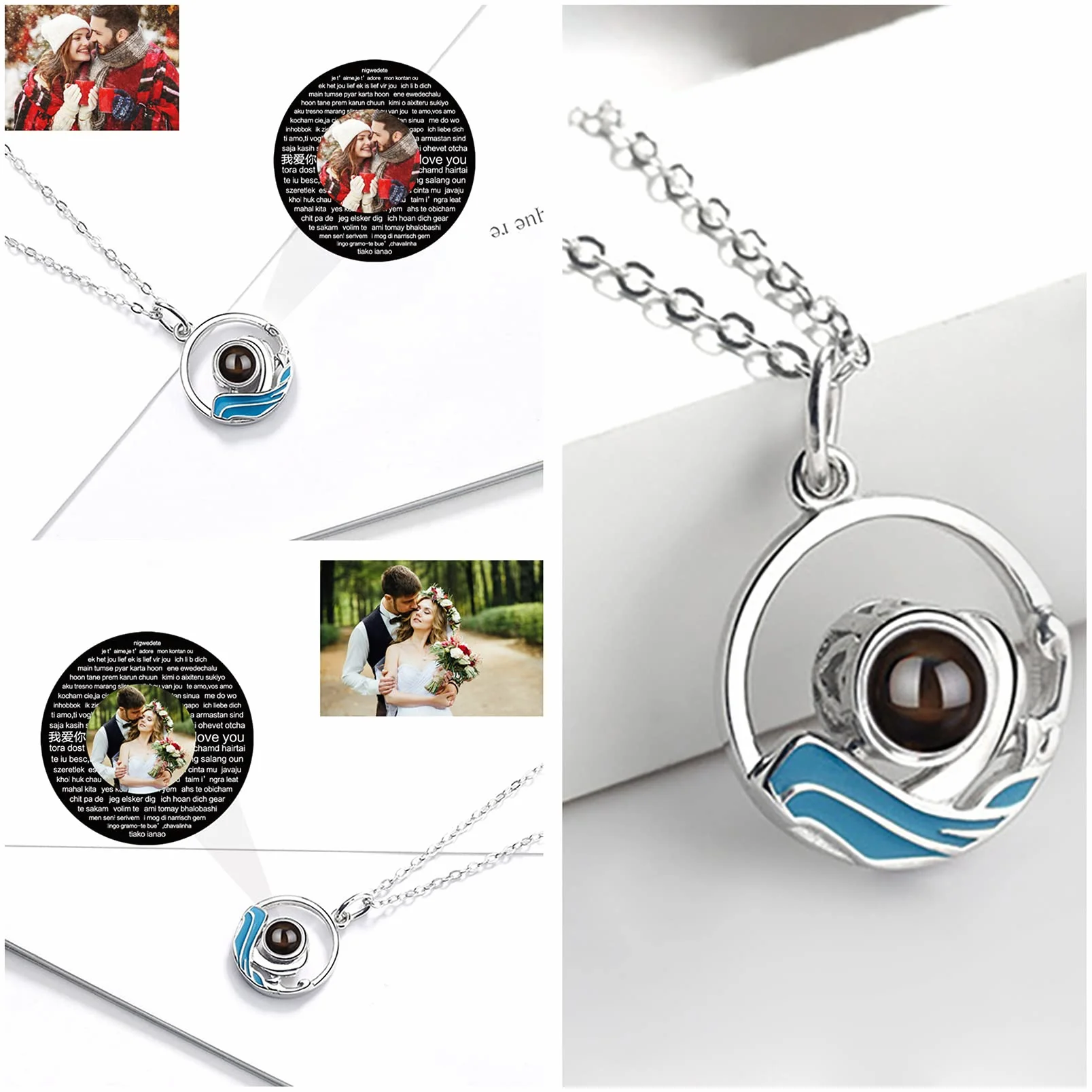 Collar de montaña con foto personalizada colgante de ola oceánica joyería de pareja