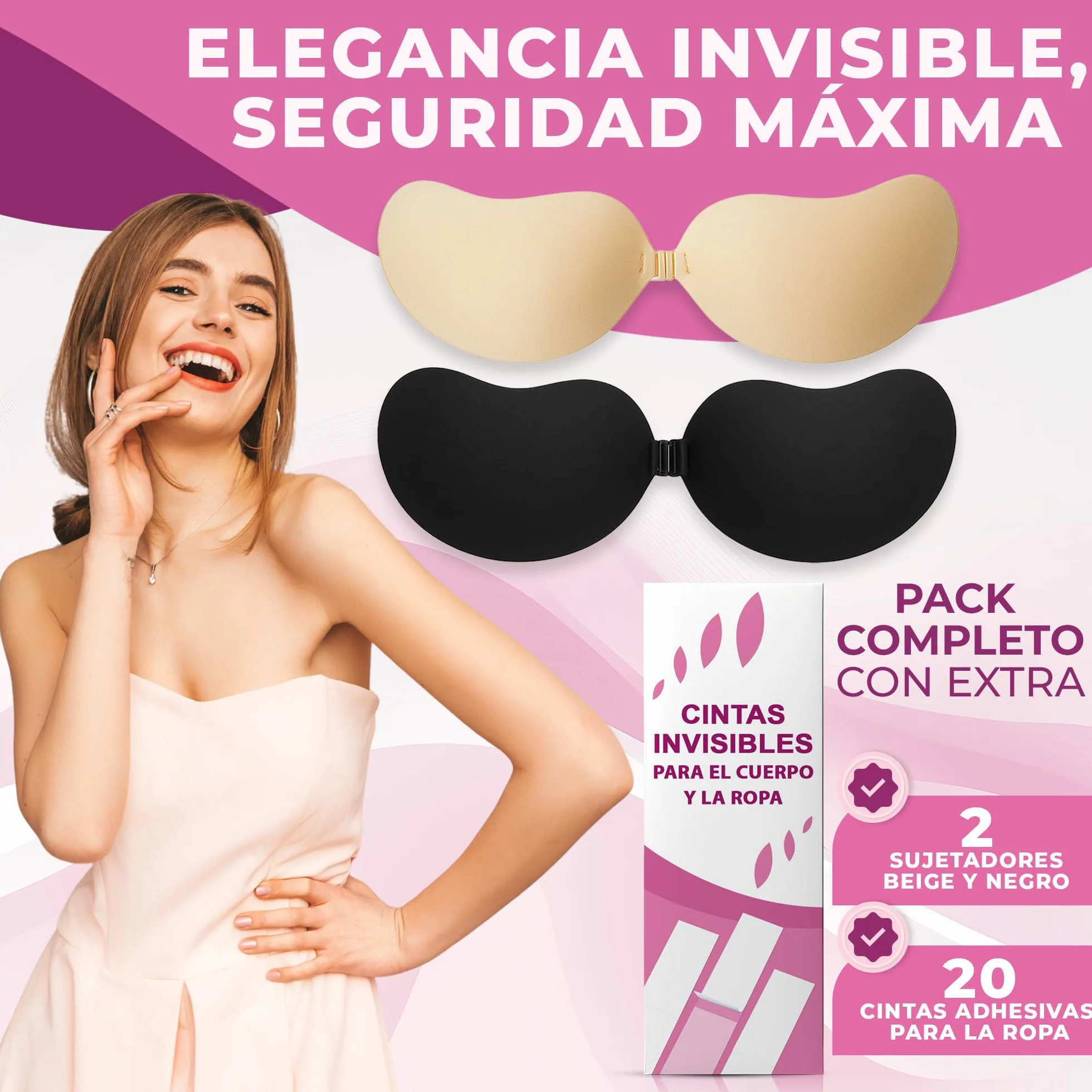 Sujetador Invisible Push Up Adhesivo Hipoalergénico Reutilizable Realce Natural Beige y Negro