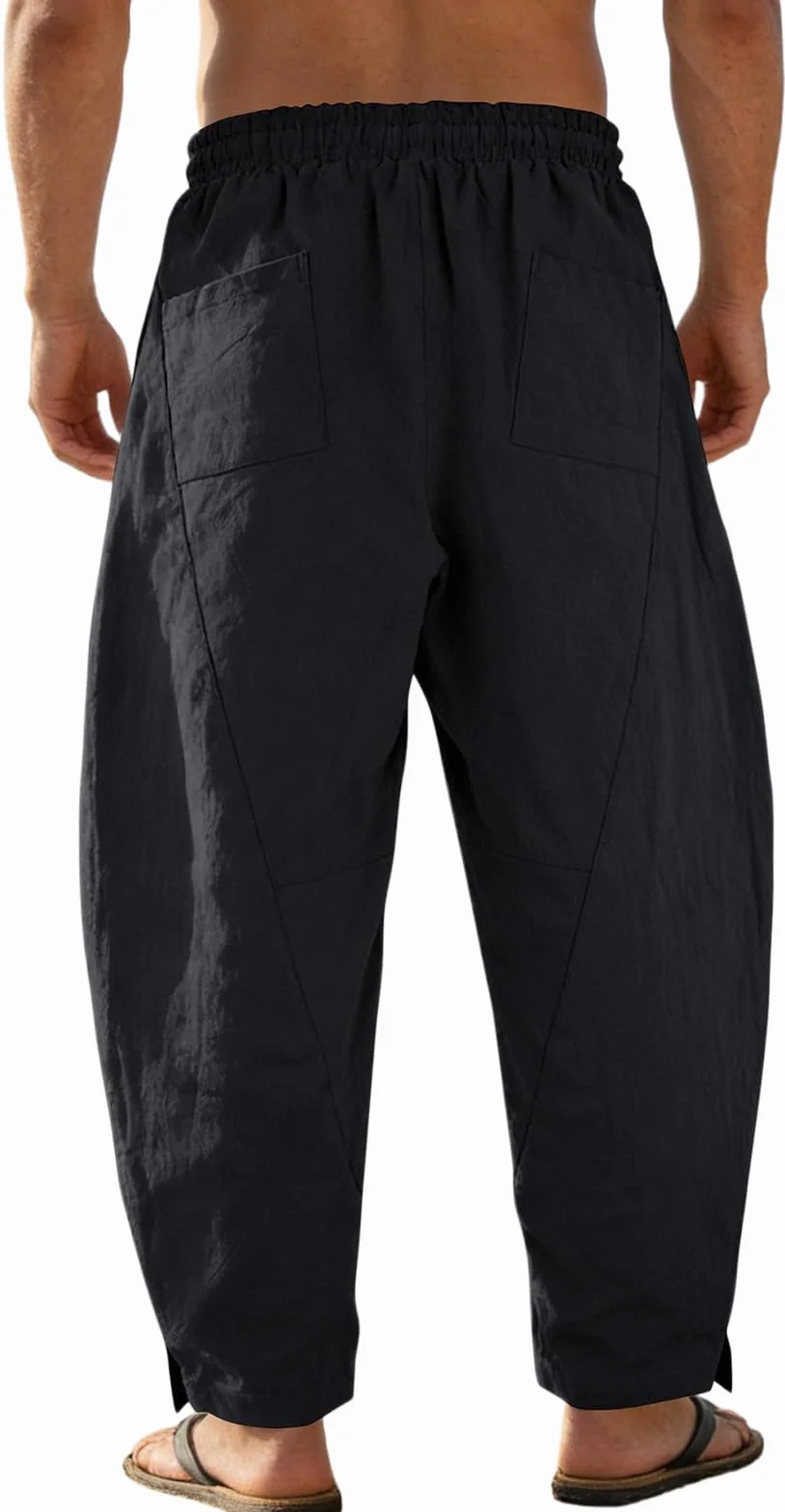 Pantalón de Lino y Algodón para Hombre Harén Curvo Bolsillos Baggy Casual Tiro Bajo Streetwear Verano