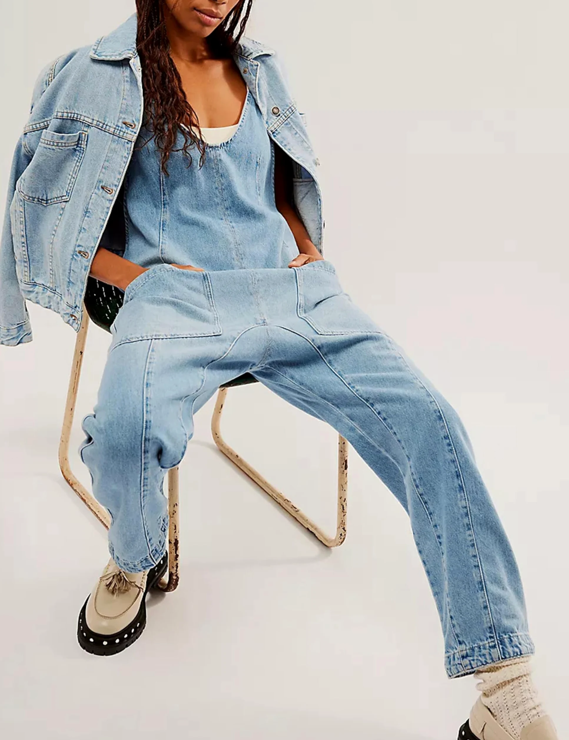 Peto Vaquero Para Mujer - Informal Escote En V Corte Holgado Tirantes Ajustables Pantalones Vaqueros Con Bolsillos Mono Cargo Con Piernas Rectas Tirantes Rompers