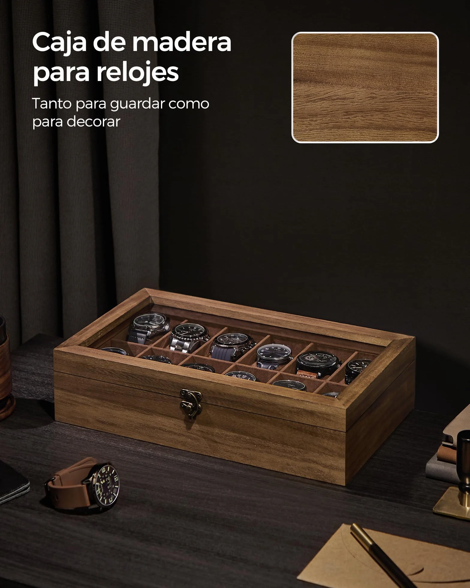 SONGMICS Caja para Relojes 12 Compartimentos Madera Maciza Tapa Cristal Nogal Rústico JOW120K01