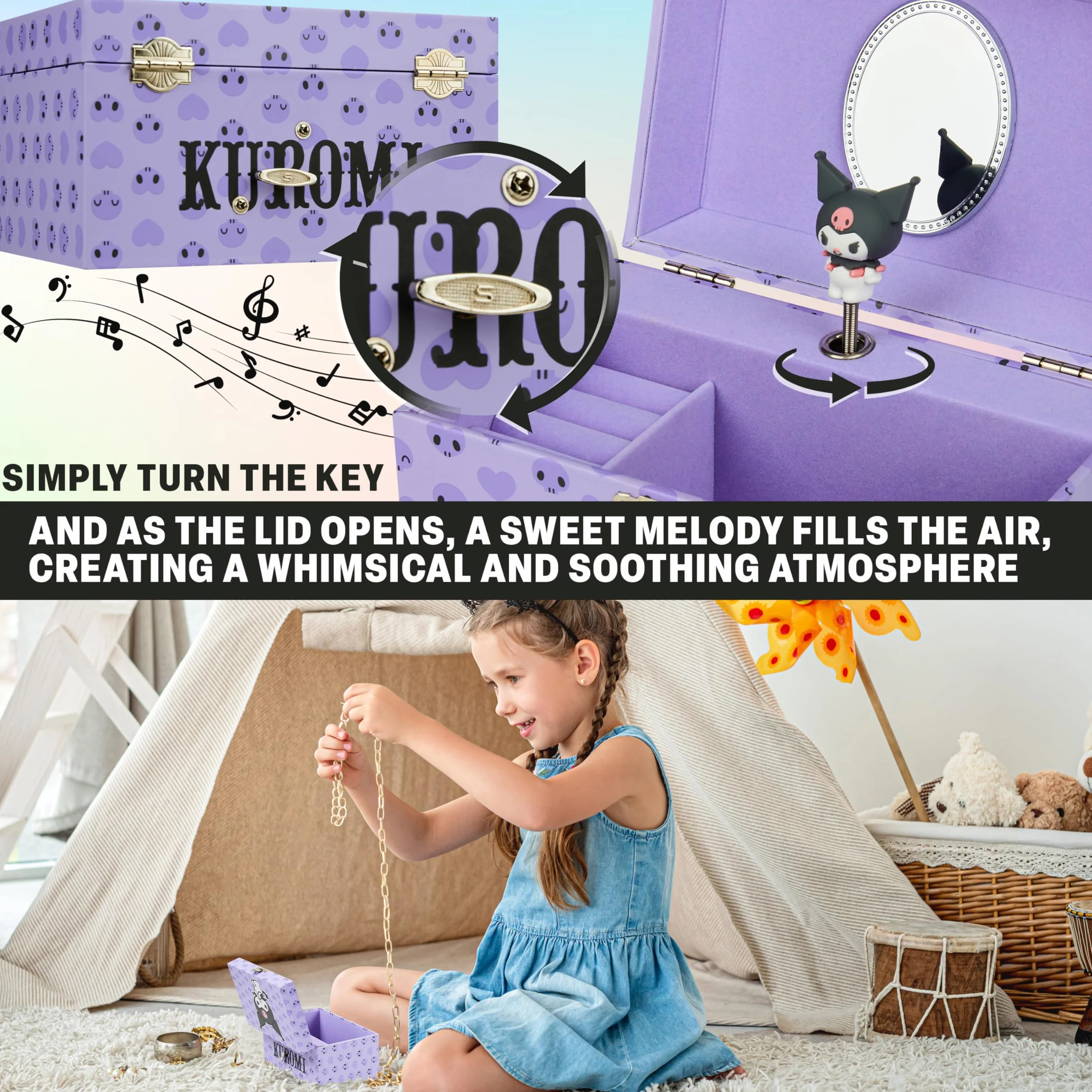 Hello Kitty Sanrio Kuromi Musical Joyero Caja Decorativa con Figura Giratoria Regalo Niña Morada