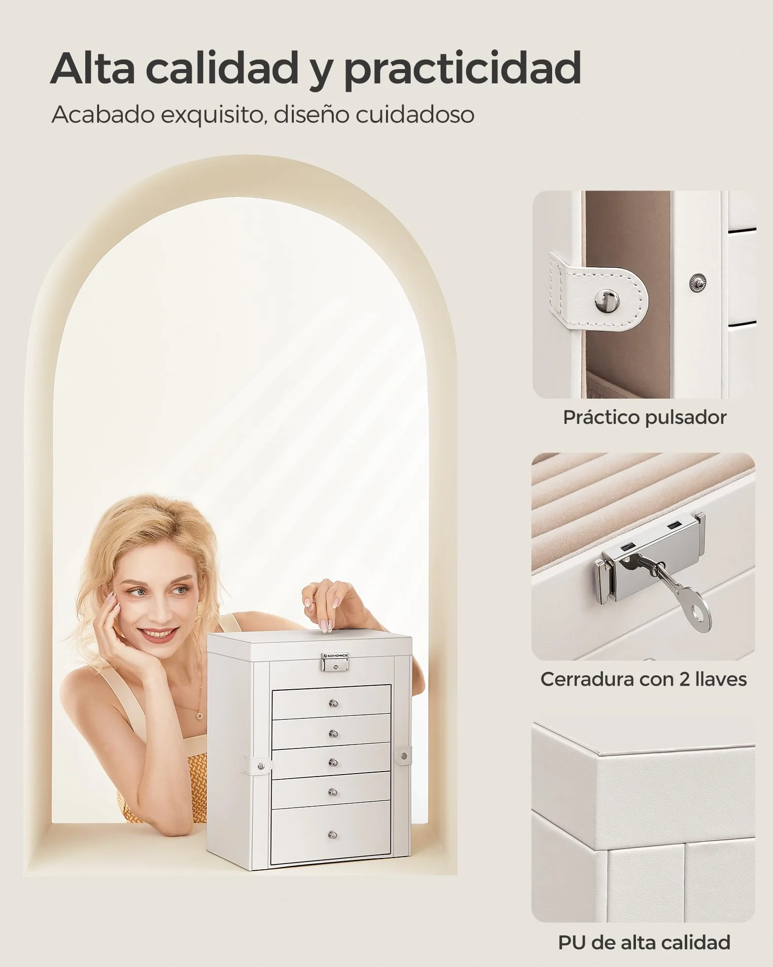 SONGMICS Caja Joyero de 6 Niveles, 5 Cajones, con Espejo y Cerradura, Blanco JBC152W01