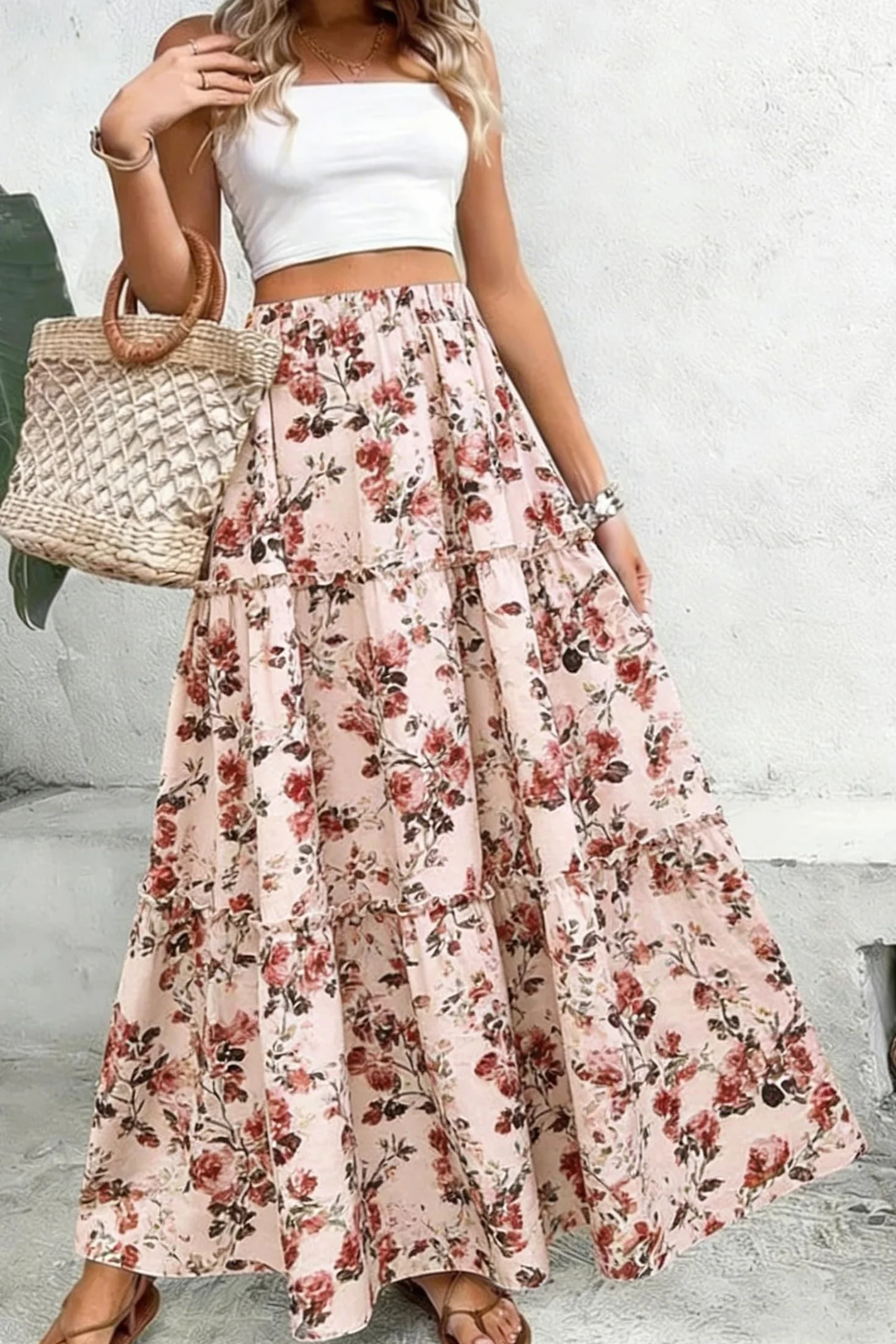 Falda Larga Cintura Alta Elegante Maxi con Bolsillos A-línea Elástica Bohemio Playa Verano