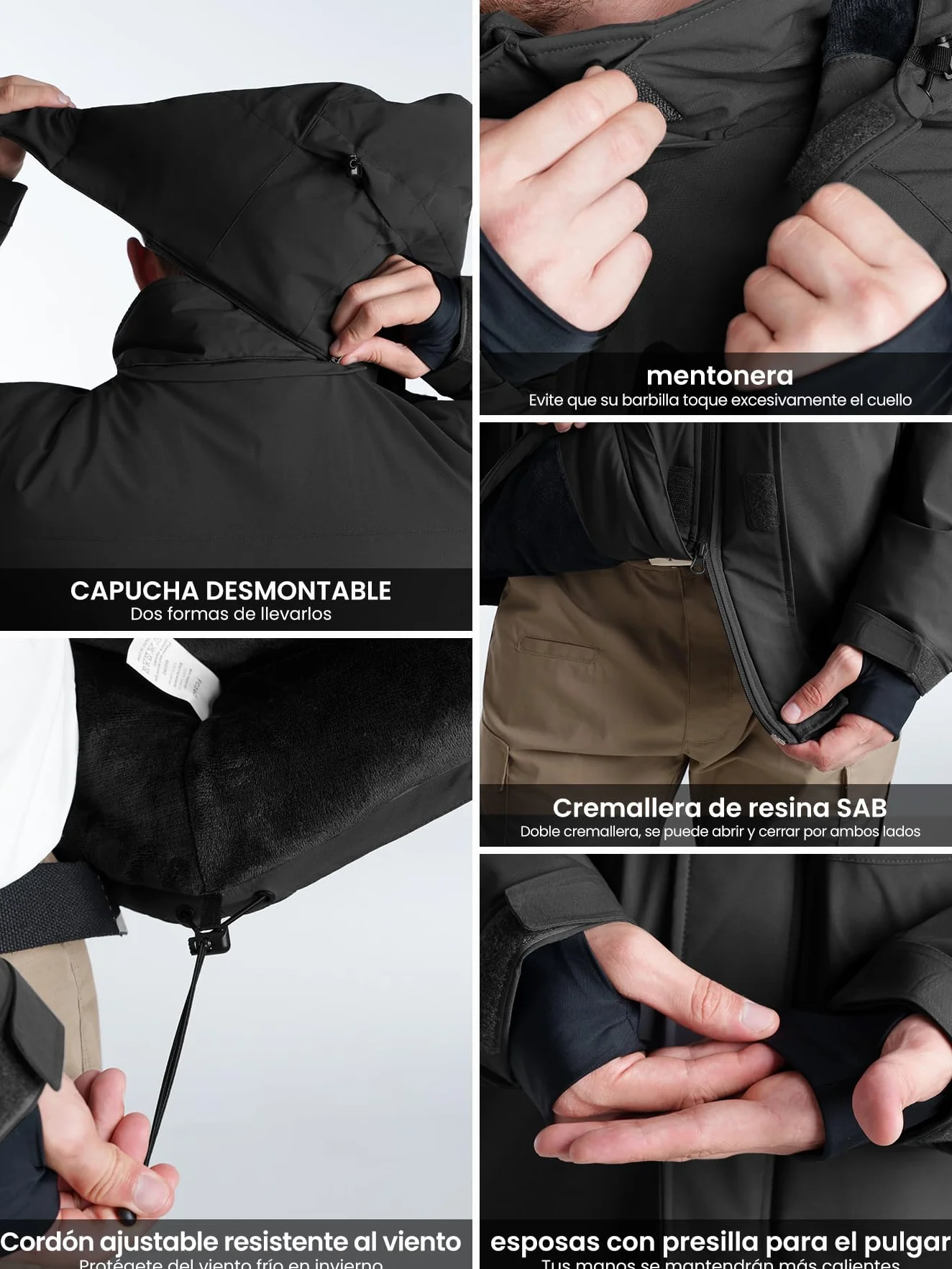 Chaqueta de invierno impermeable para hombre con forro polar y capucha extraíble
