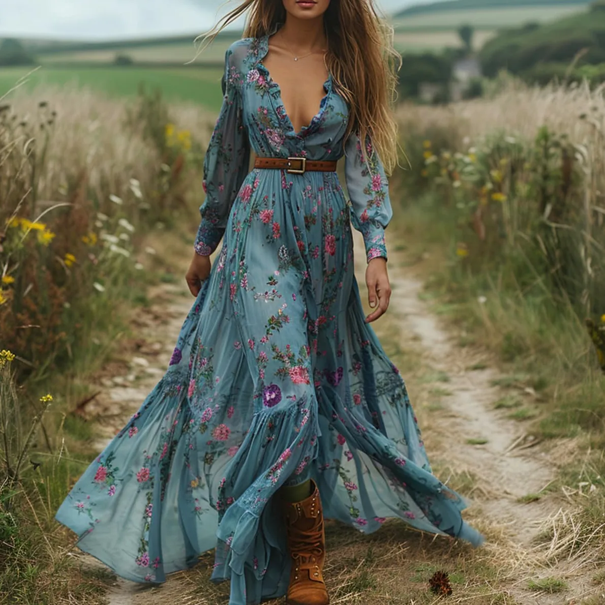Vestido Largo Vintage de Flores campestres para Mujer, Vestido Maxi Holgado de Manga Larga con Escote en V Sexy, Vestido Informal Holgado de otoño