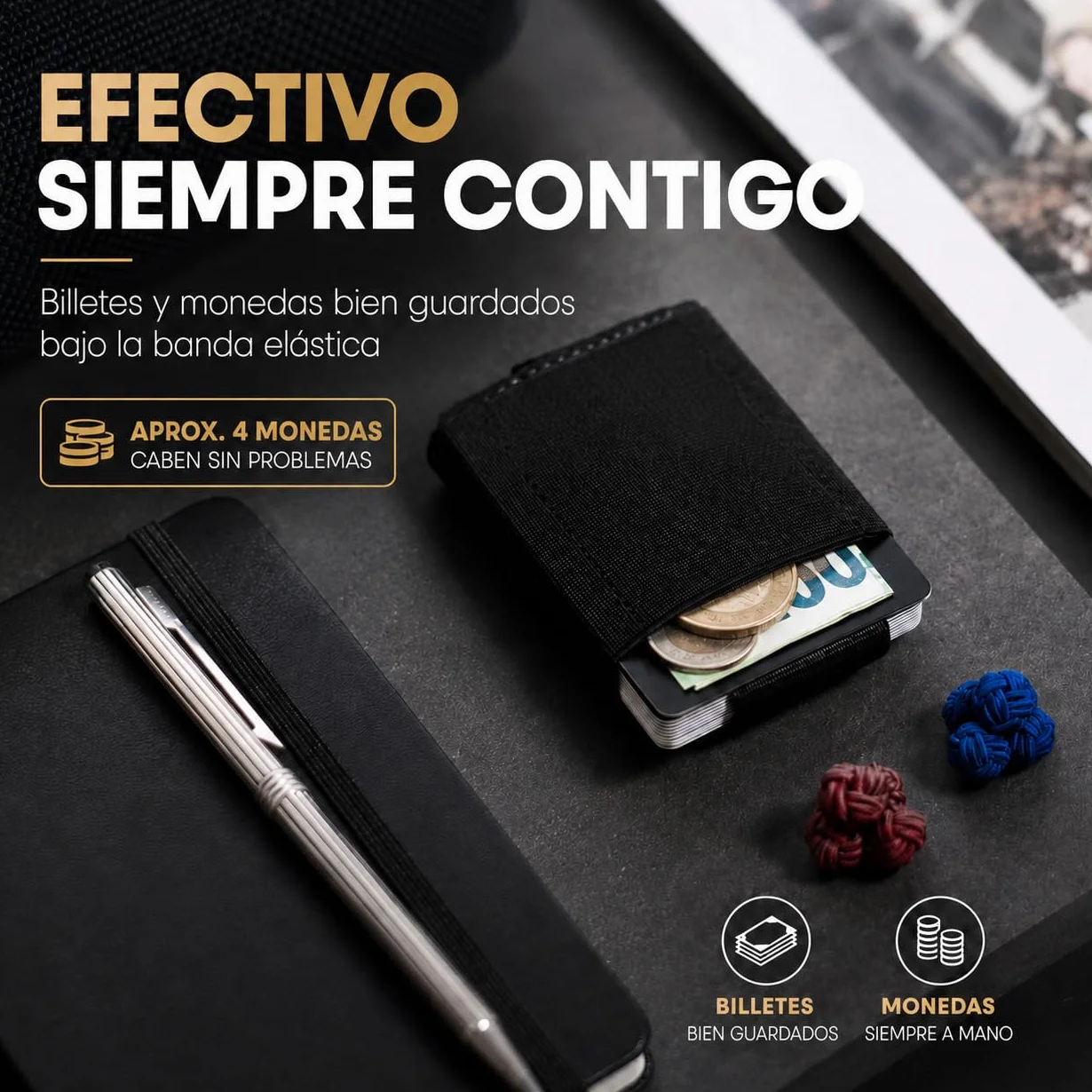 Jaimie Jacobs Nano Boy Cartera Minimalista Slim Wallet Pequeña Tarjetera Fina Pinza para Billetes Billetero Hombre (Negro)