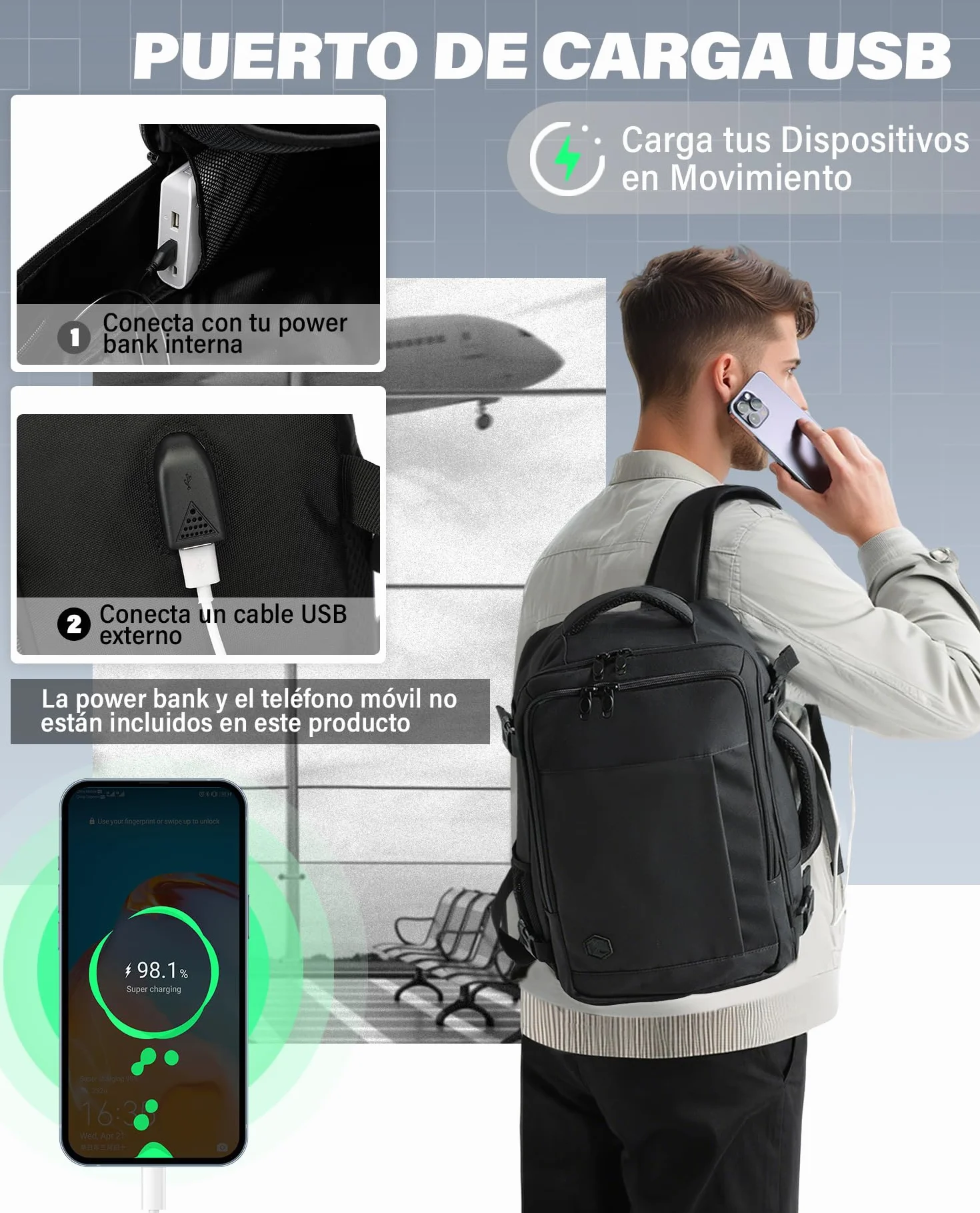 VANKEV Mochila Viaje Cabina Avion 40x30x20 24L Equipaje Mano Bolso Portatil 15.6 Pulgadas NEGRO