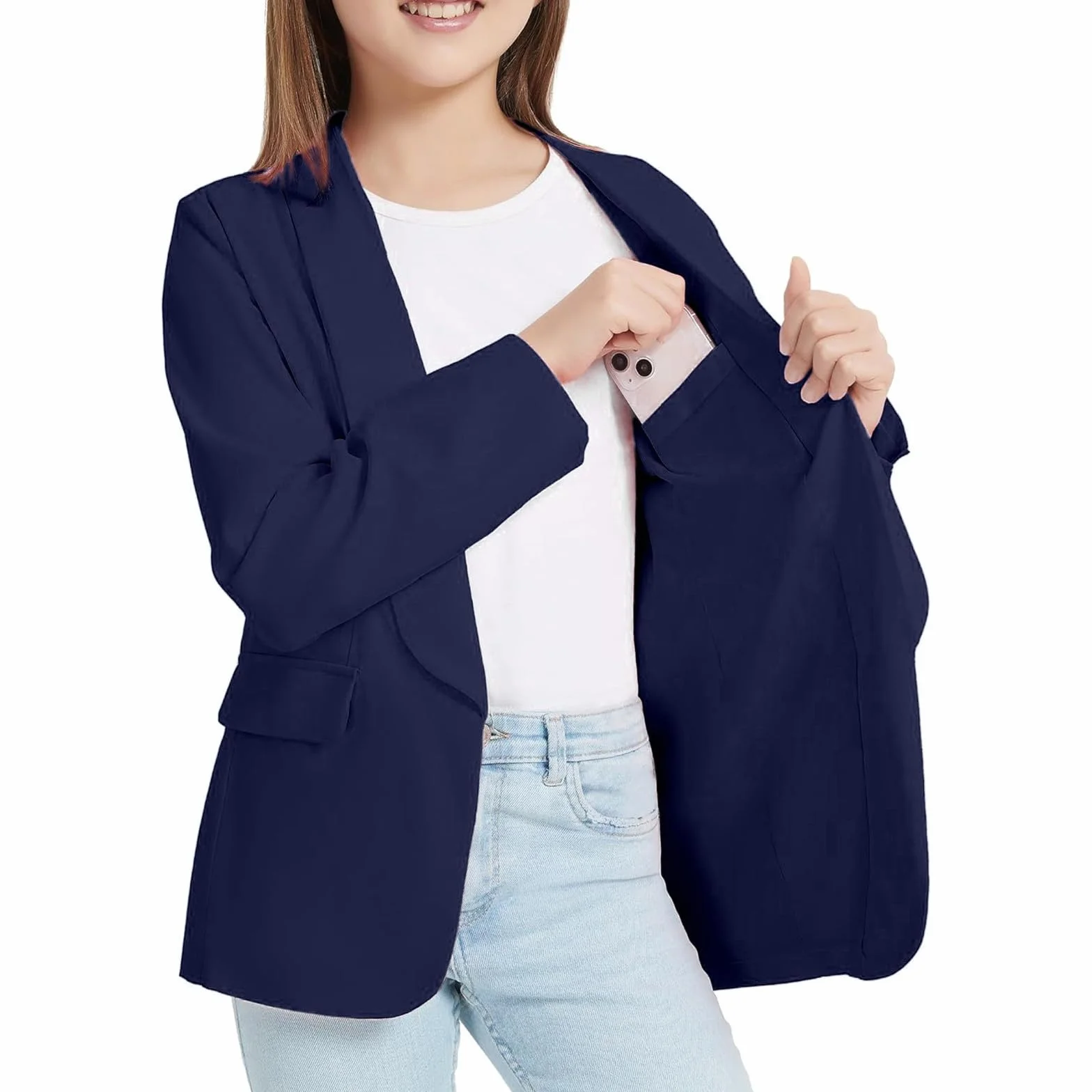 Niñas chaqueta formal manga larga frontal abierto bolsillo interior