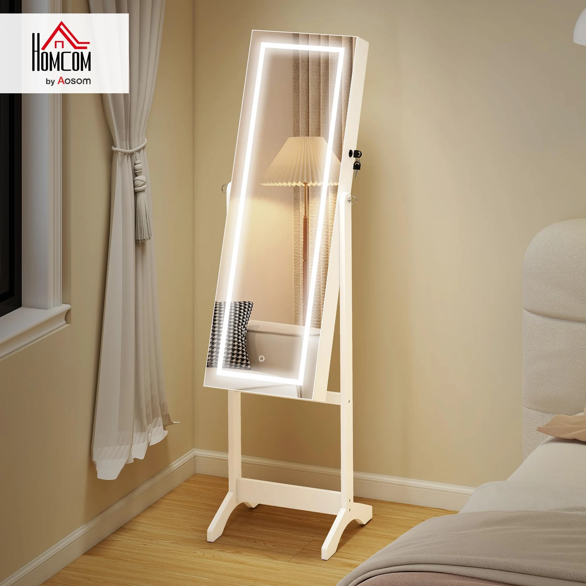 HOMCOM Espejo Joyero con Luces LED, Armario de Pie, Cierre Magnético, Blanco y Forro Negro