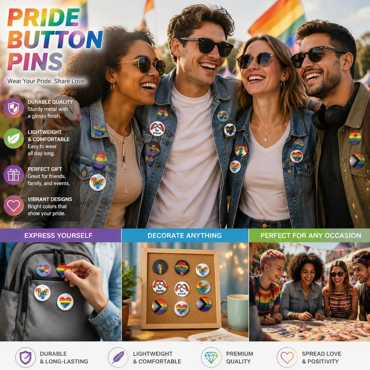 Insignias Orgullo Arcoíris 16 Piezas 44MM, Chapas LGBTQ con Puño Arcoíris, Pines Acero Inoxidable