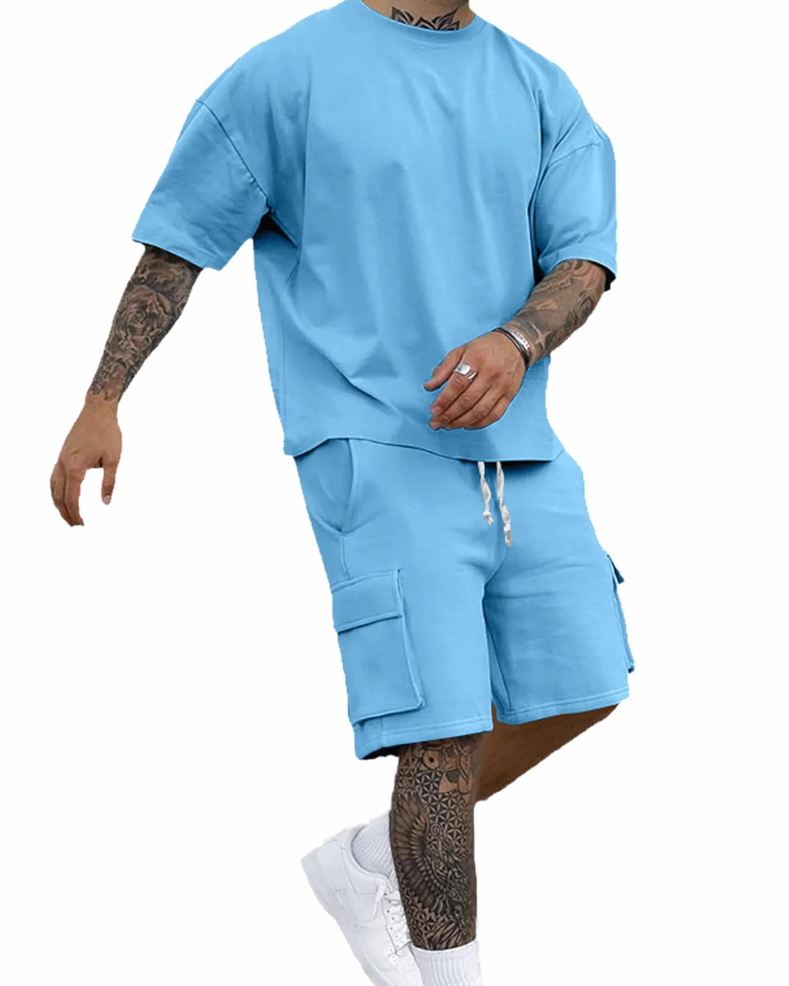 Conjunto de Verano Hombre 2 Piezas Chándal Camiseta Manga Corta Pantalones Cortos Cargo