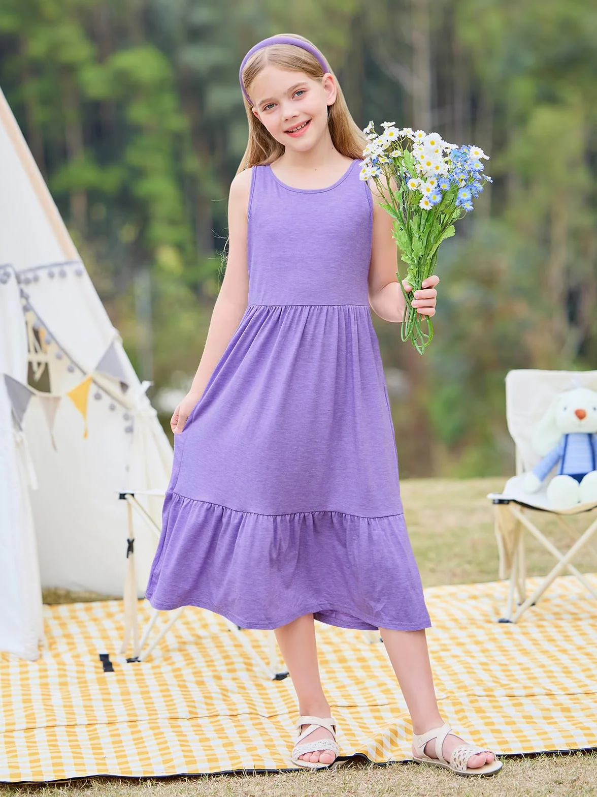Vestidos de niña de verano sin mangas cuello redondo tirantes casual largo