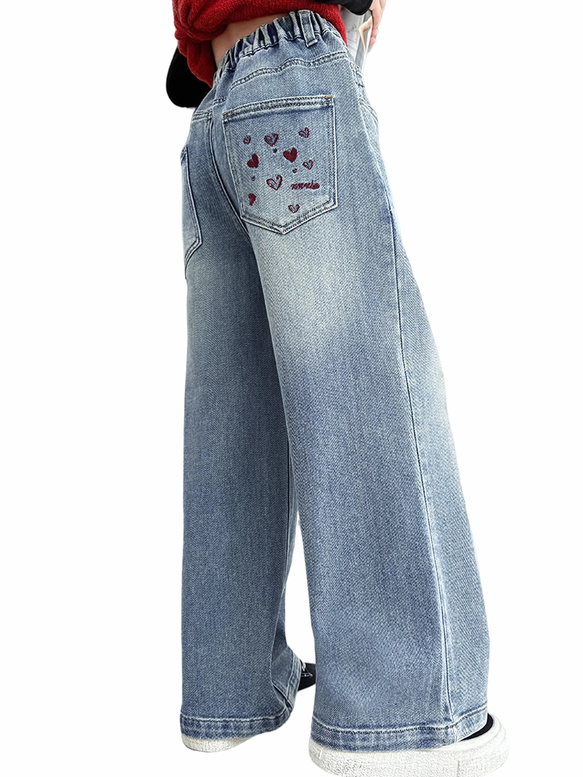 Pantalones Vaqueros Baggy para Niñas Cintura Alta Elástica Pierna Ancha Denim Loose Bootcut 6-15 Años